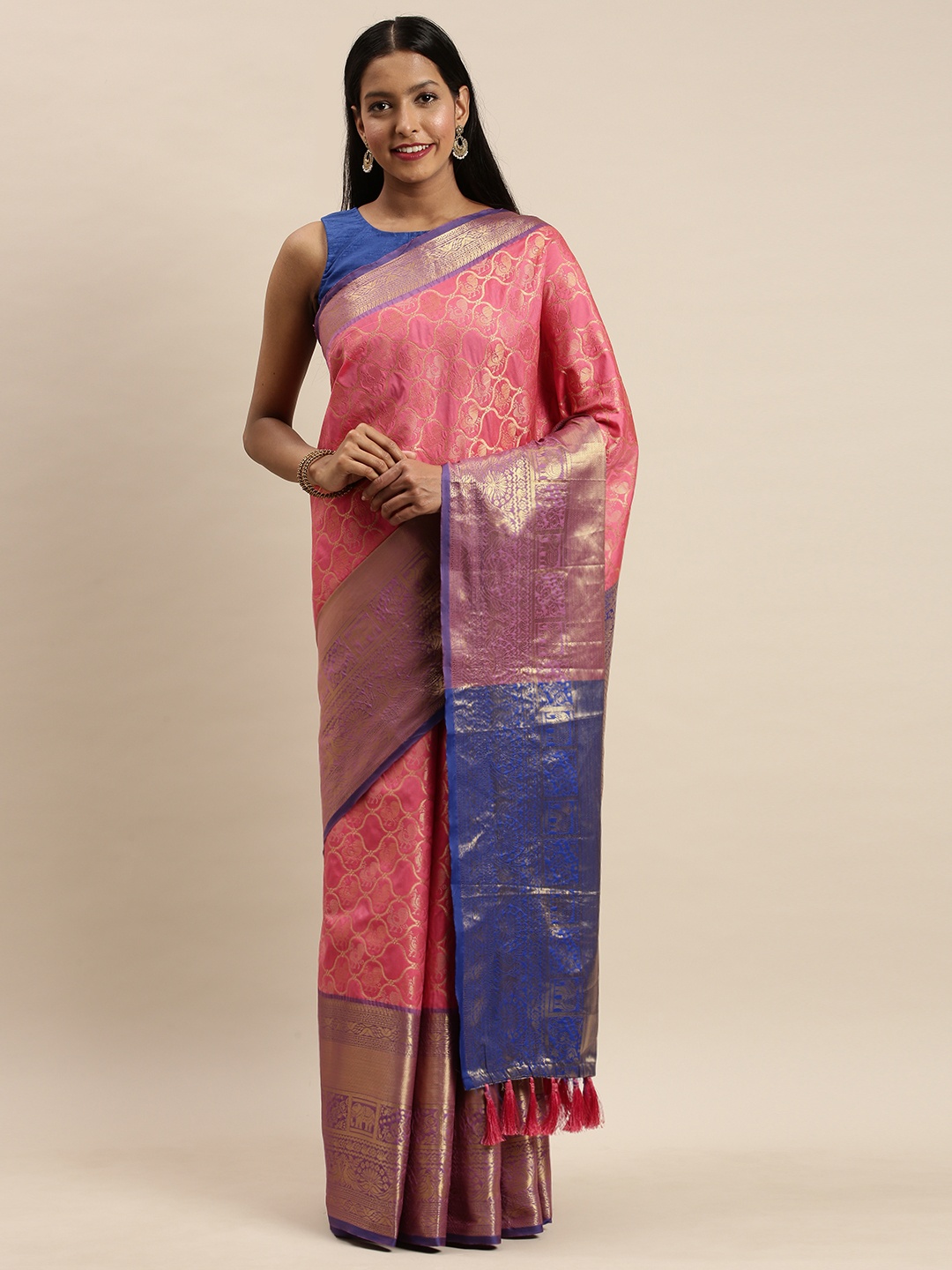 

VASTRANAND Coral Pink & Blue Silk Cotton Woven Design Banarasi Celebrity Saree