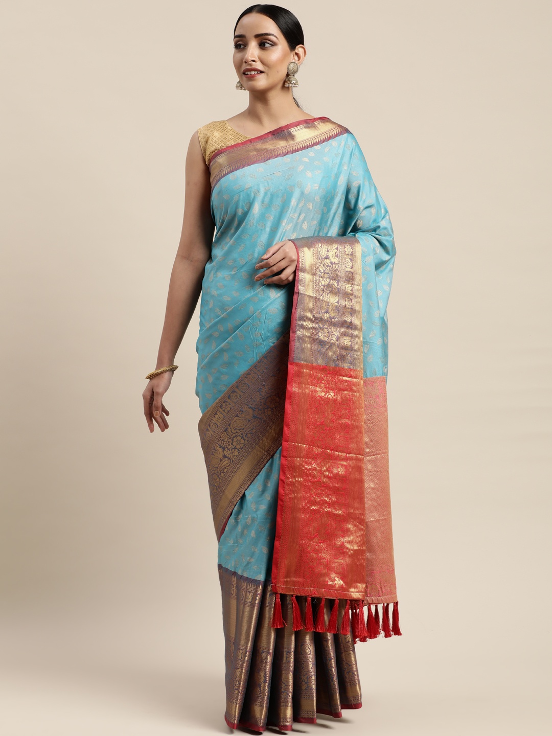 

VASTRANAND Turquoise Blue & Red Silk Cotton Woven Design Banarasi Saree