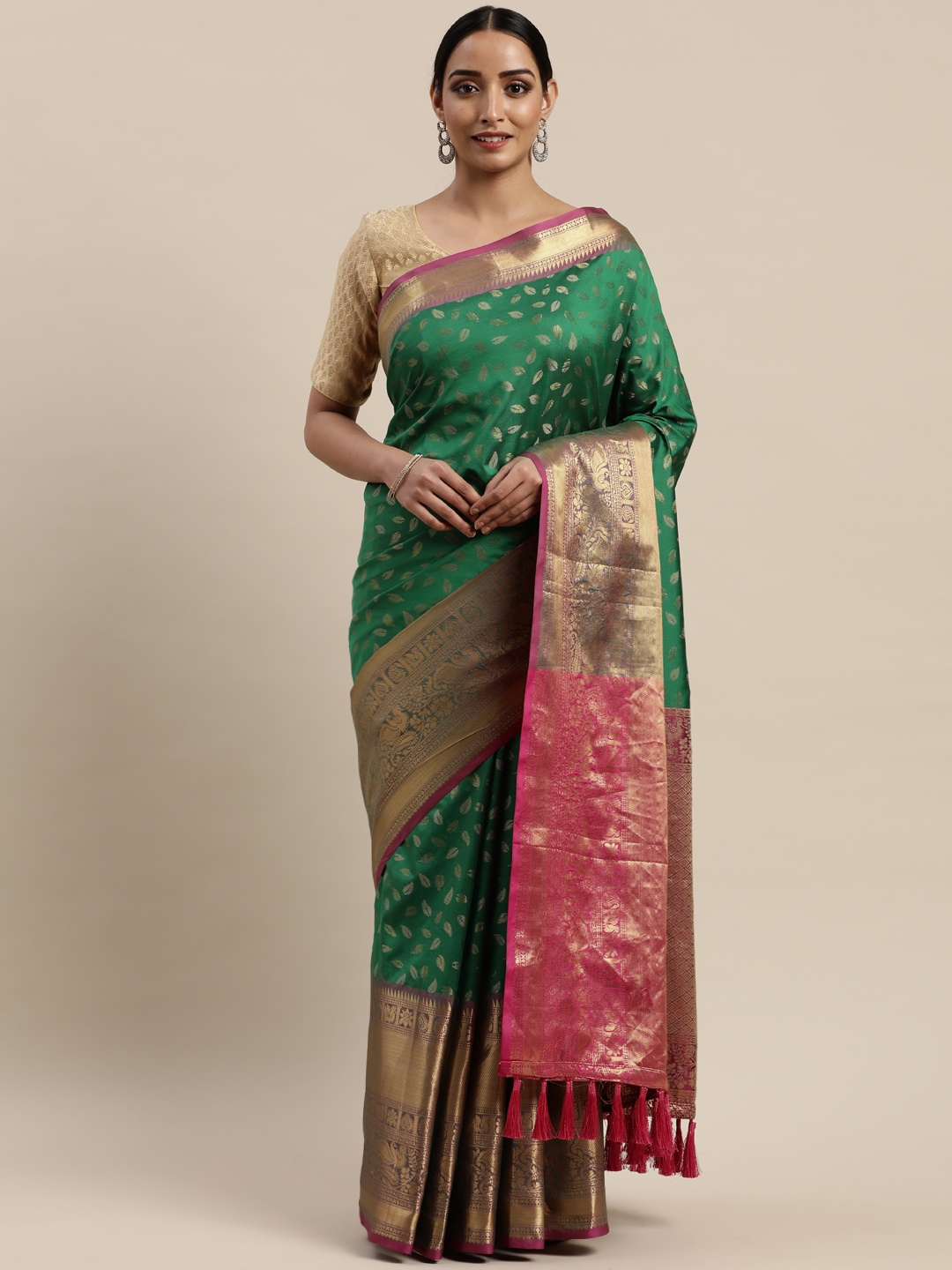 

VASTRANAND Green & Pink Silk Cotton Woven Design Banarasi Saree