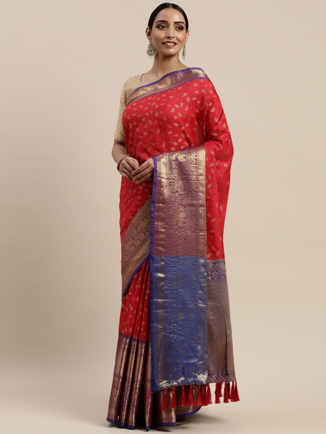 

VASTRANAND Red & Gold-Toned Silk Cotton Woven Design Banarasi Saree