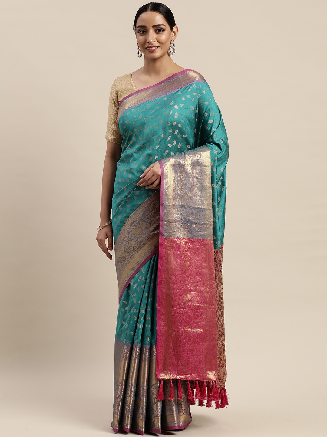 

VASTRANAND Teal Green & Gold-Toned Silk Cotton Woven Design Banarasi Saree