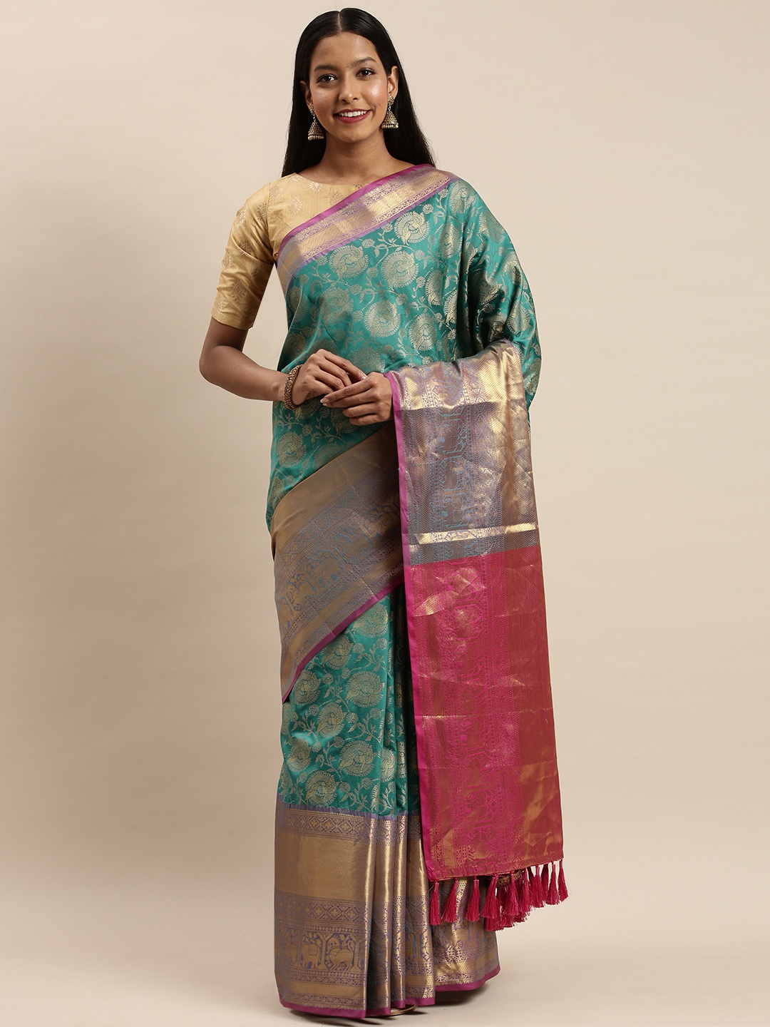 

VASTRANAND Teal & Gold-Toned Silk Cotton Woven Design Banarasi Saree