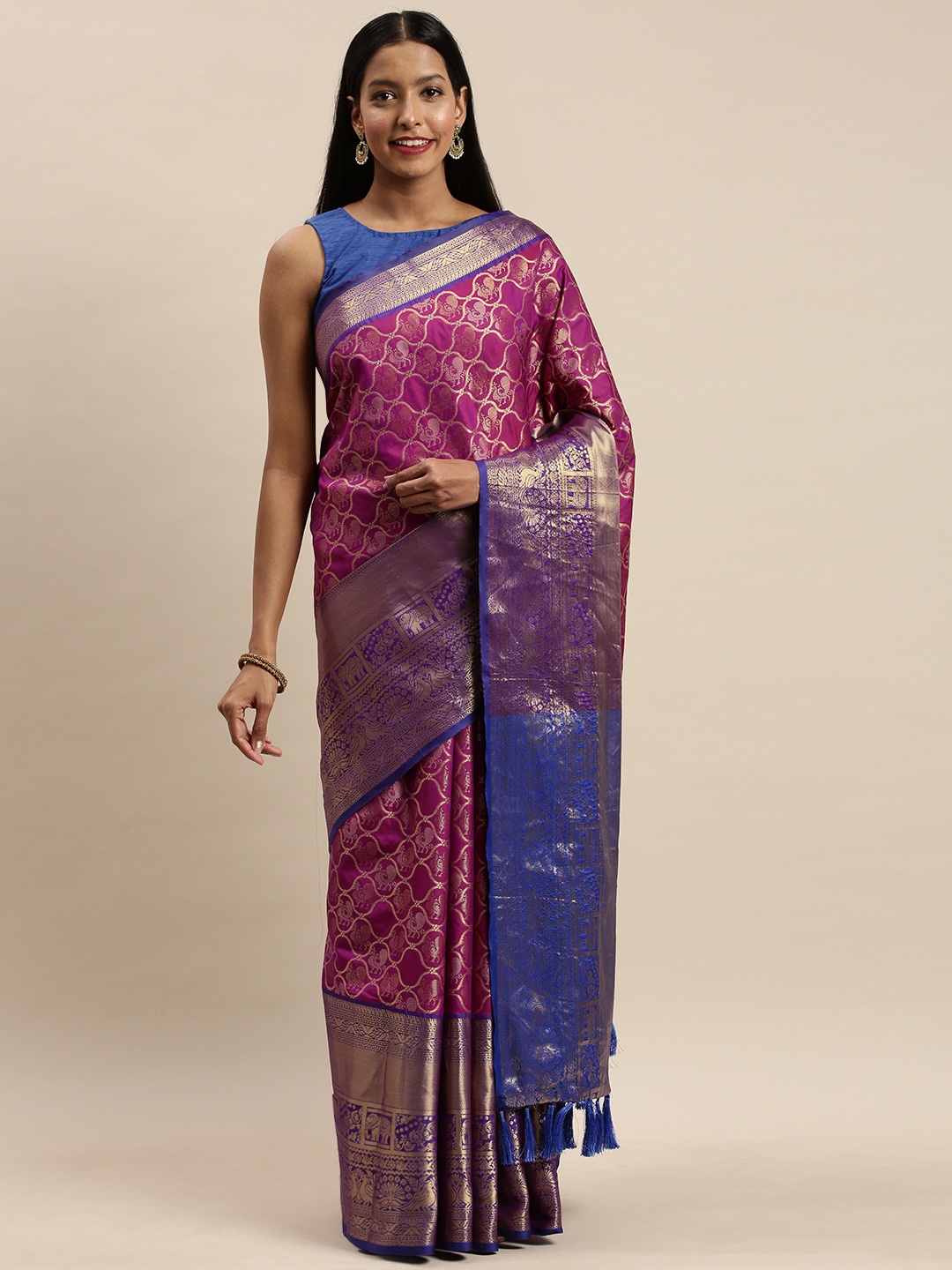 

VASTRANAND Burgundy & Blue Silk Cotton Woven Design Banarasi Saree