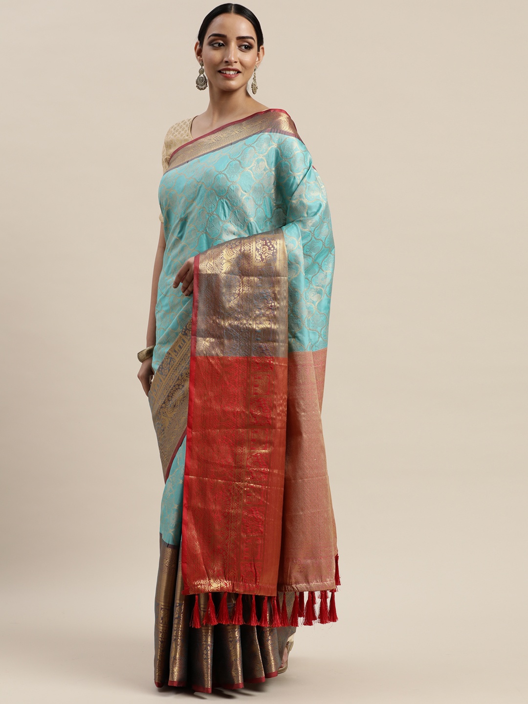 

VASTRANAND Turquoise Blue & Red Silk Cotton Woven Design Banarasi Saree