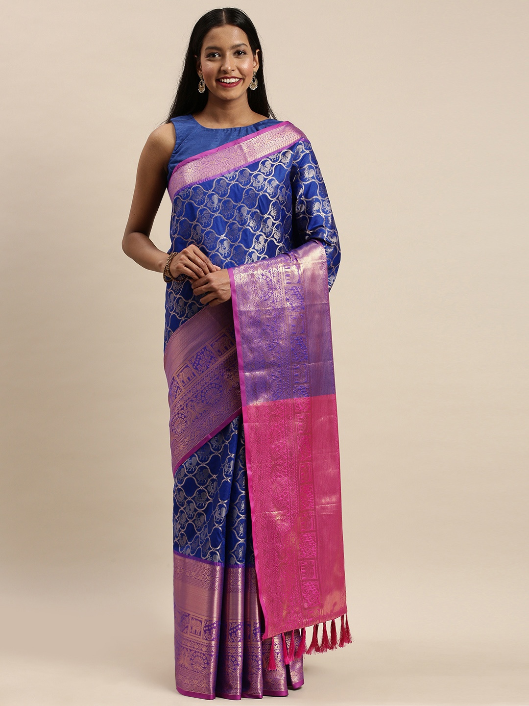 

VASTRANAND Blue & Gold-Toned Silk Cotton Woven Design Banarasi Saree