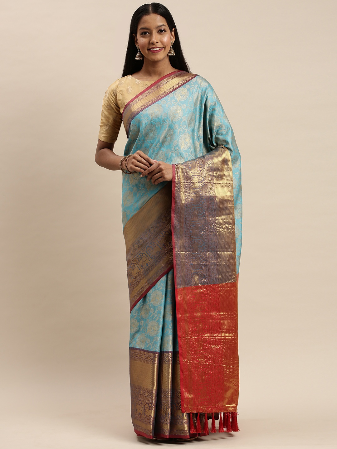 

VASTRANAND Turquoise Blue & Gold-Toned Silk Cotton Woven Design Banarasi Saree