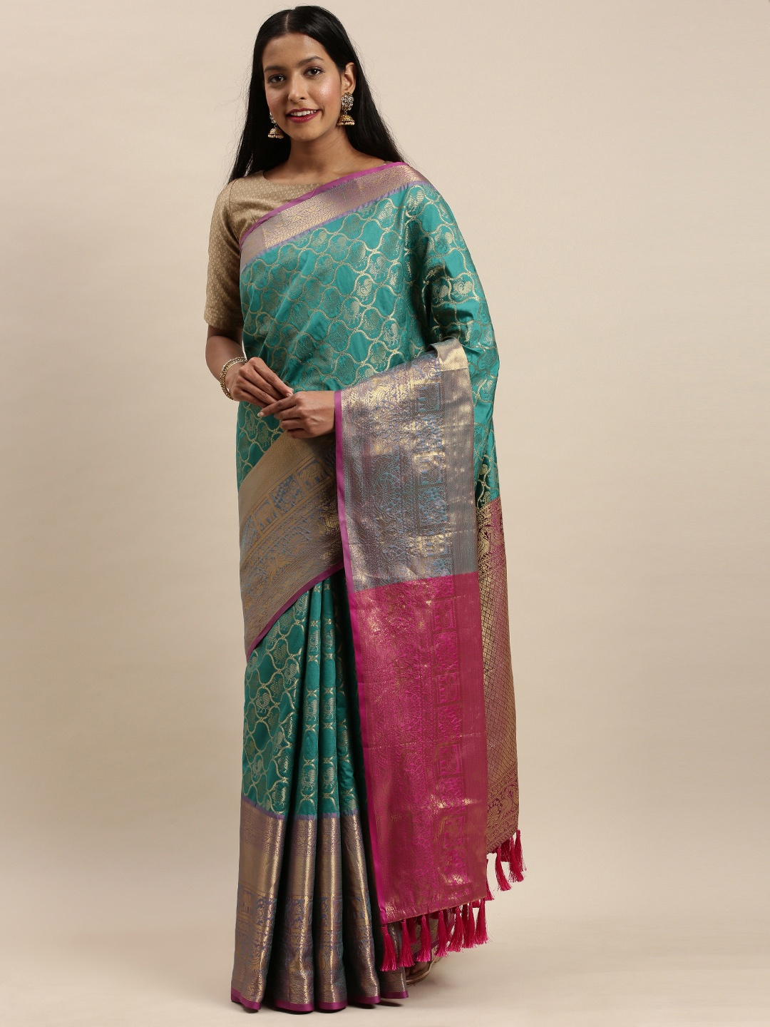 

VASTRANAND Green & Pink Silk Cotton Woven Design Banarasi Celebrity Saree