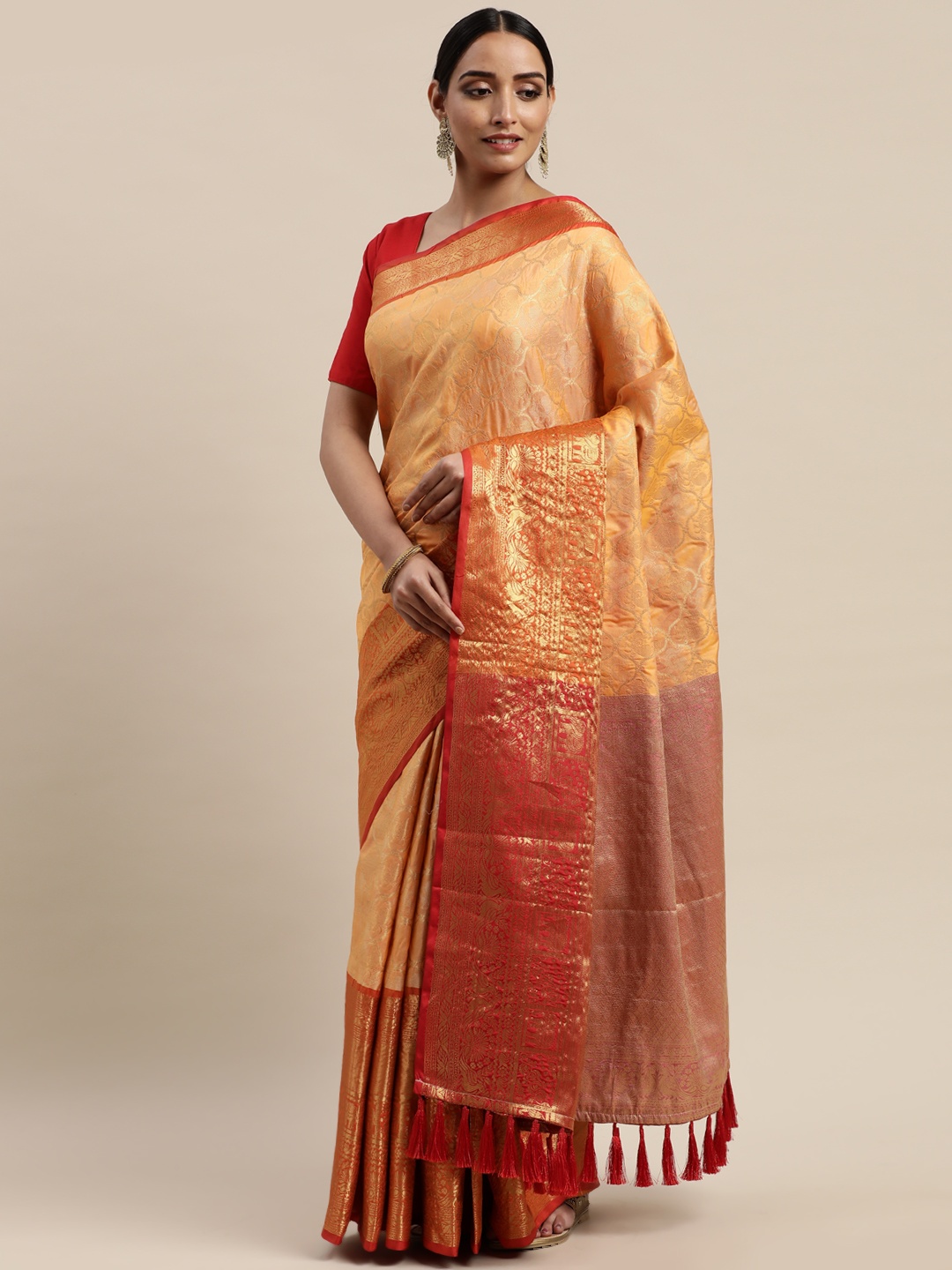 

VASTRANAND Golden & Red Silk Cotton Woven Design Banarasi Saree, Gold