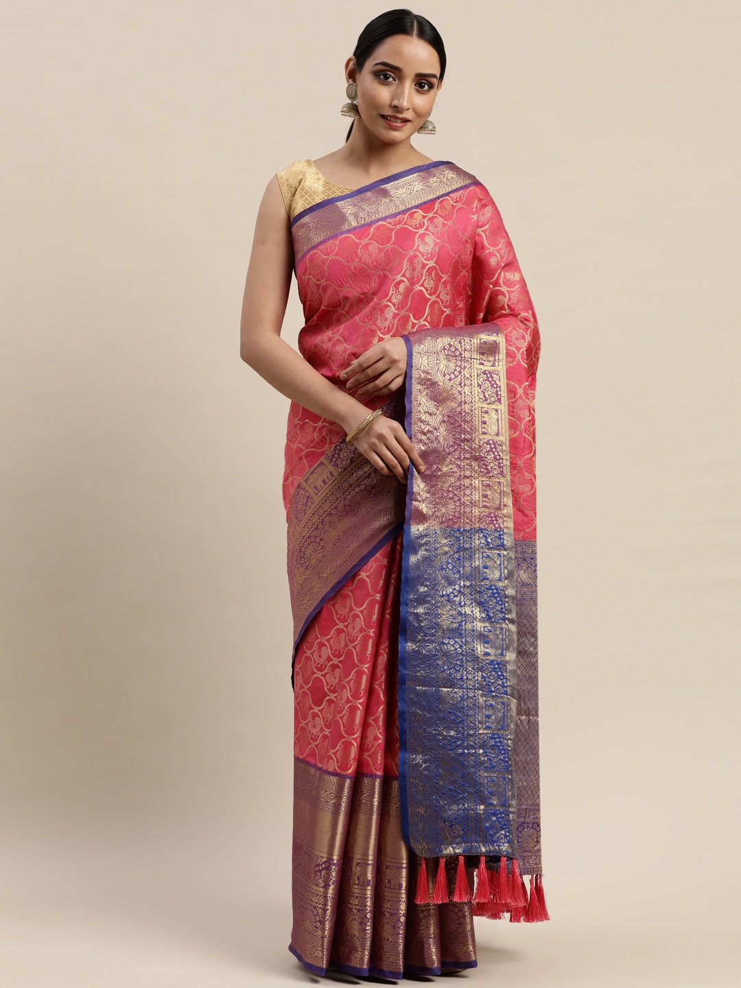 

VASTRANAND Pink & Golden Woven Design Banarasi Saree