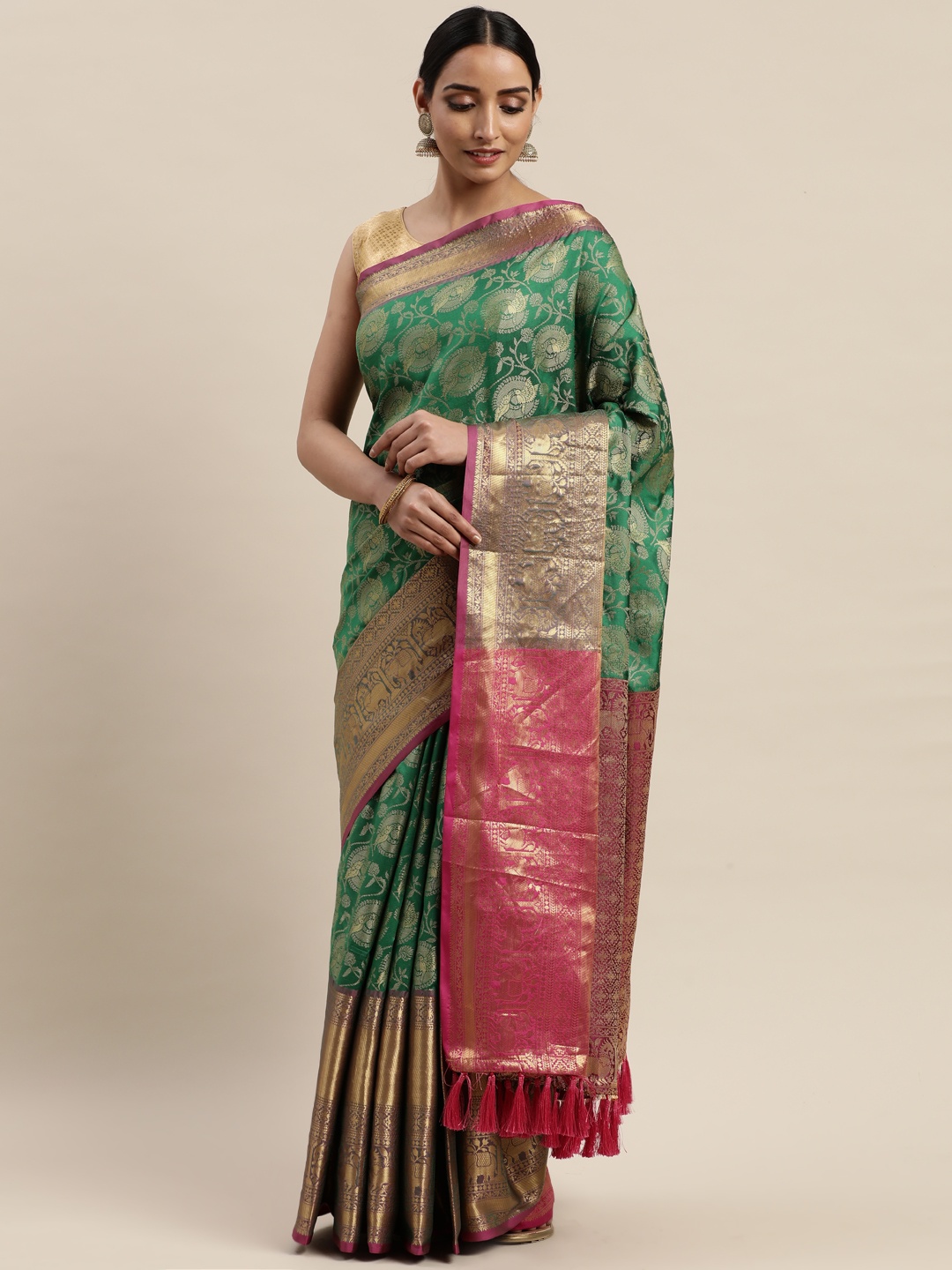 

VASTRANAND Green & Golden Silk Cotton Woven Design Kanjeevaram Saree