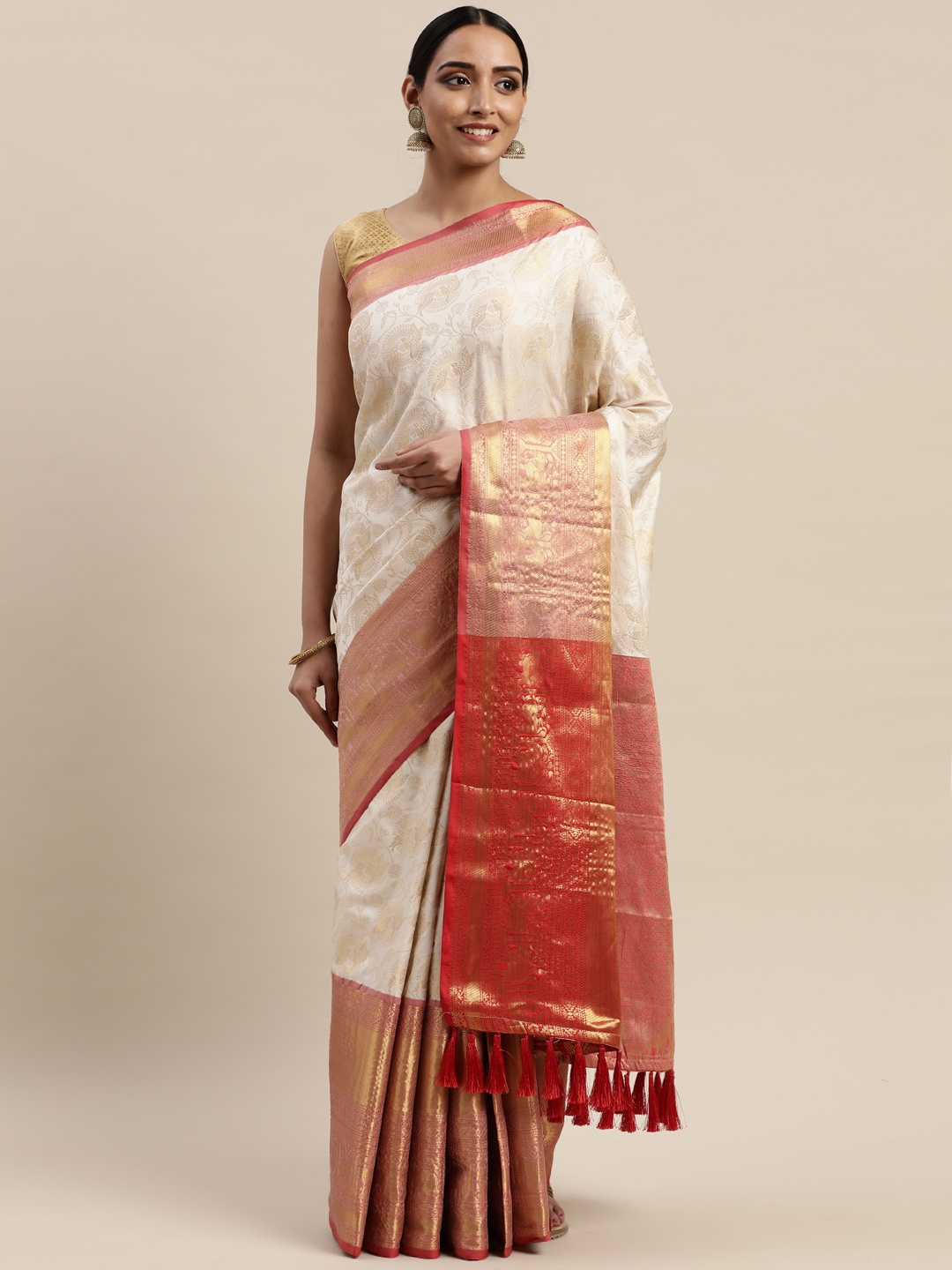 

VASTRANAND White & Red Silk Cotton Woven Design Kanjeevaram Saree