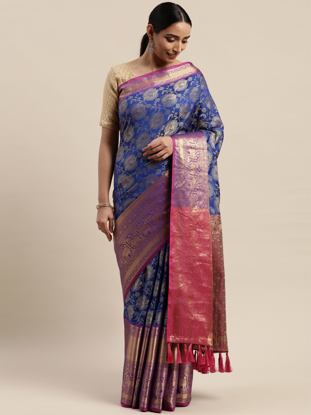 

VASTRANAND Navy Blue Silk Cotton Woven Design Banarasi Saree