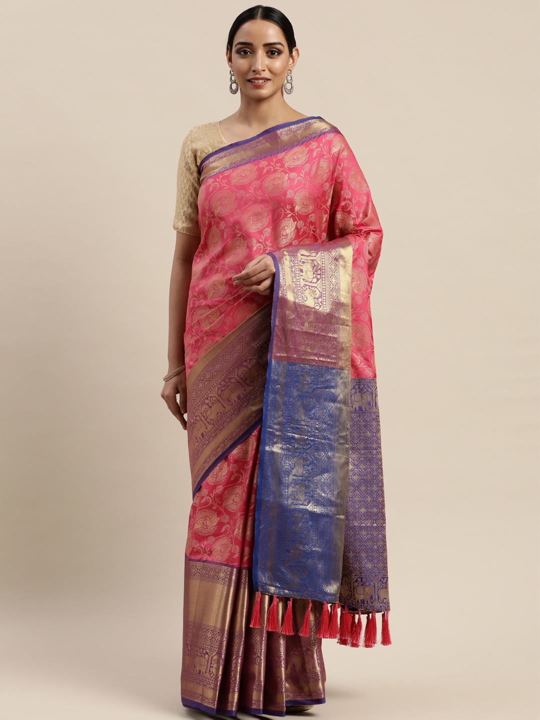 

VASTRANAND Pink & Gold-Toned Silk Cotton Woven Design Banarasi Saree