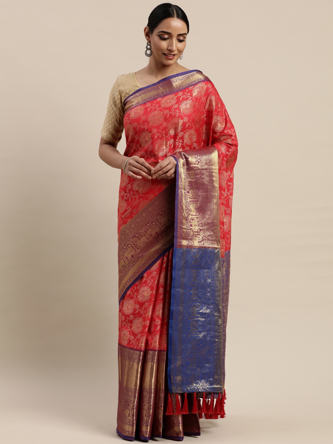 

VASTRANAND Red & Gold-Toned Silk Cotton Woven Design Banarasi Saree