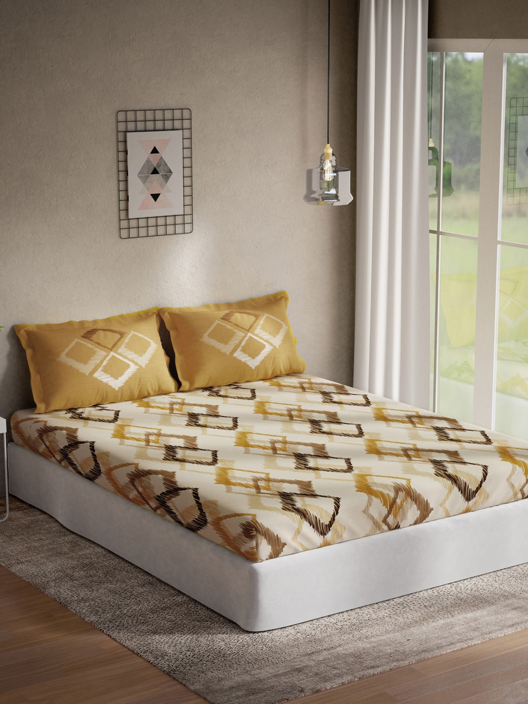

DDecor Beige & Yellow Printed 144 TC Cotton Double Bedsheet With 2 Pillow Covers