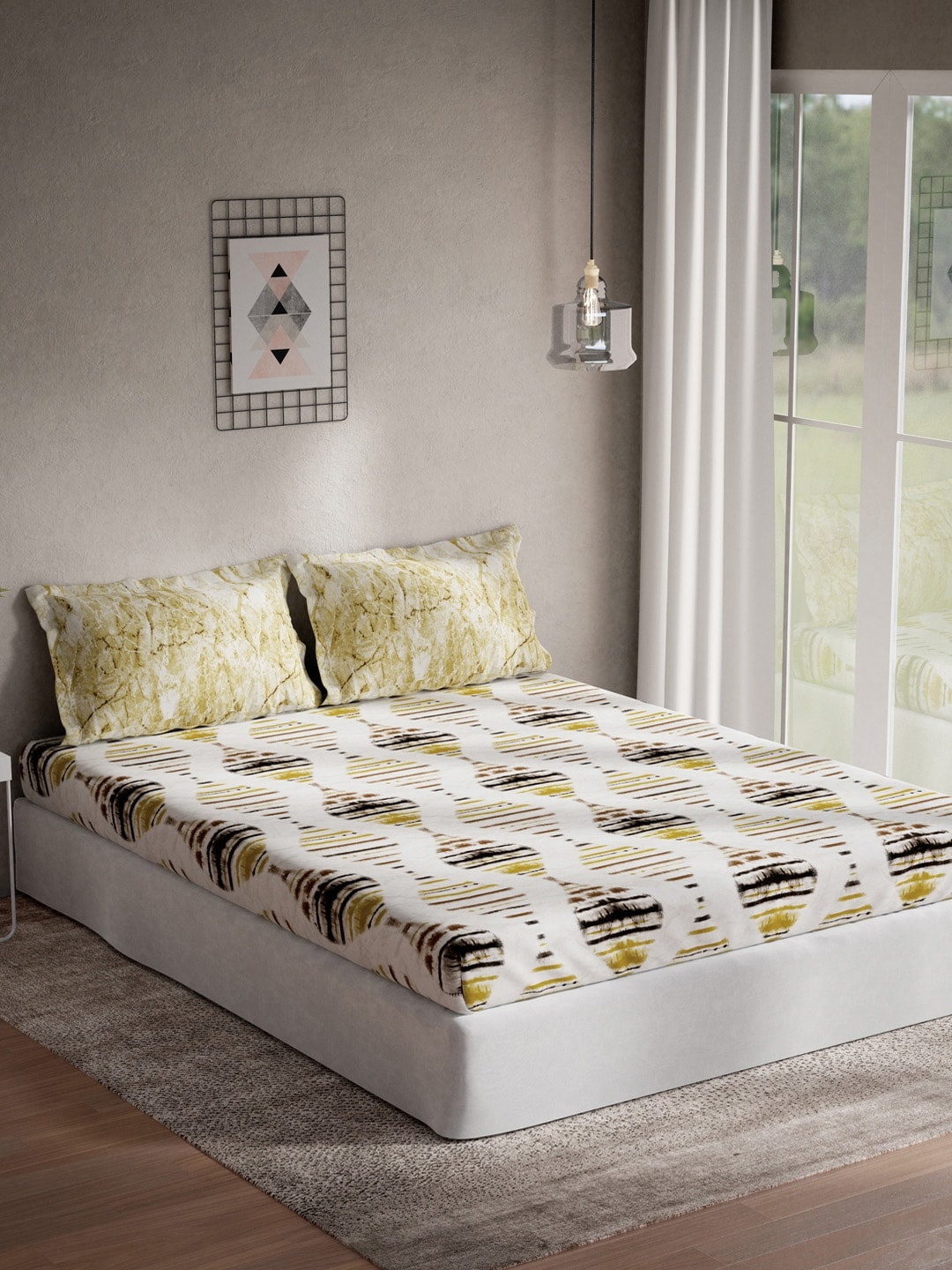 

DDecor Yellow & White Printed 144 TC Cotton 1 Double XL King Bedsheet with 2 Pillow Covers