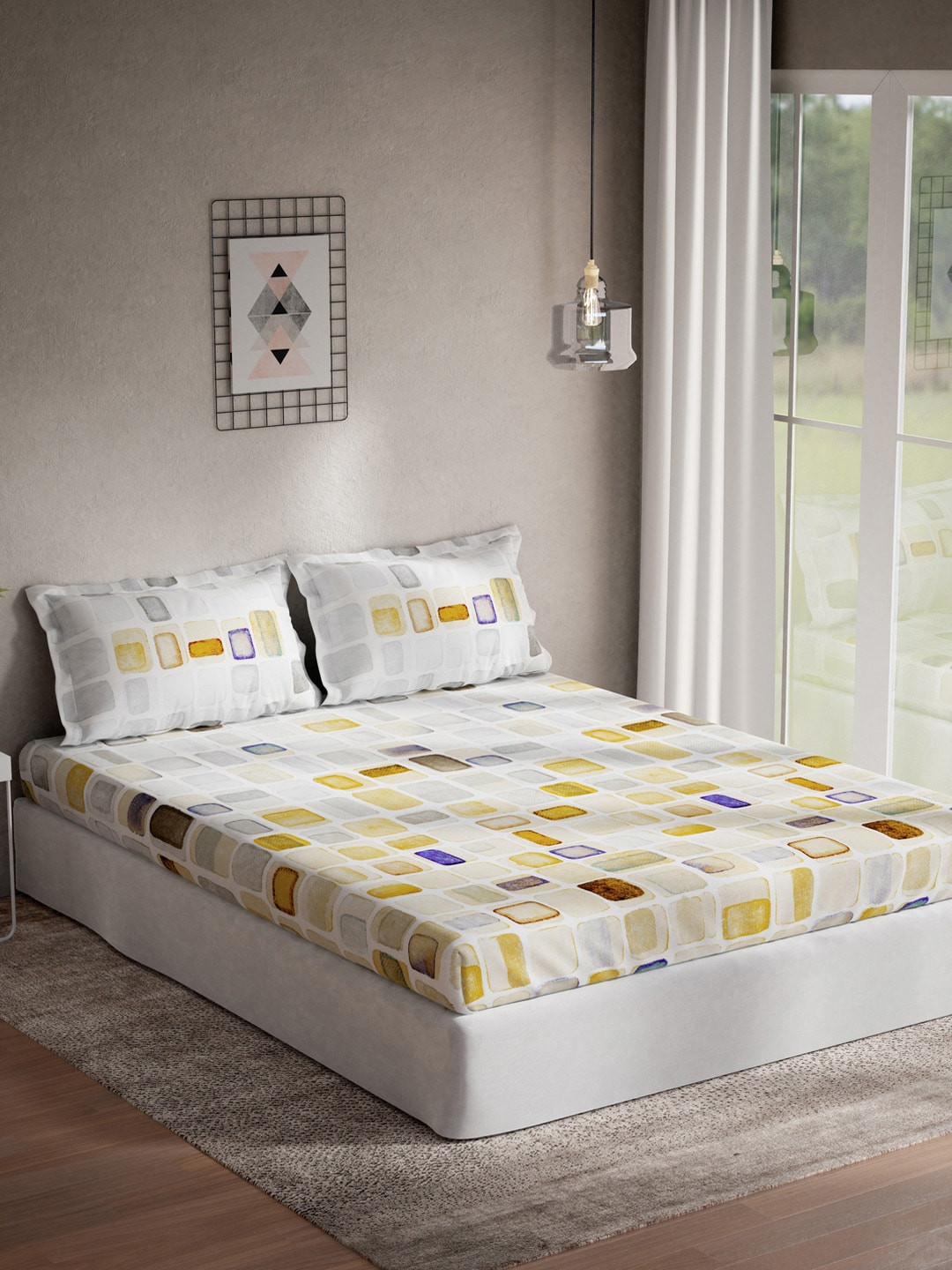

DDecor Yellow & Grey Printed 144 TC 1 Double Bedsheet With 2 Pillow Covers