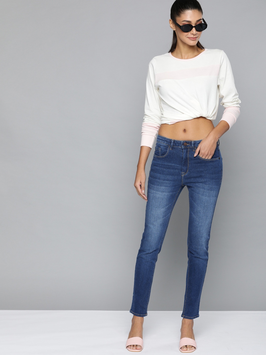 

HERE&NOW Women Skinny Fit High-Rise Light Fade Stretchable Jeans, Blue