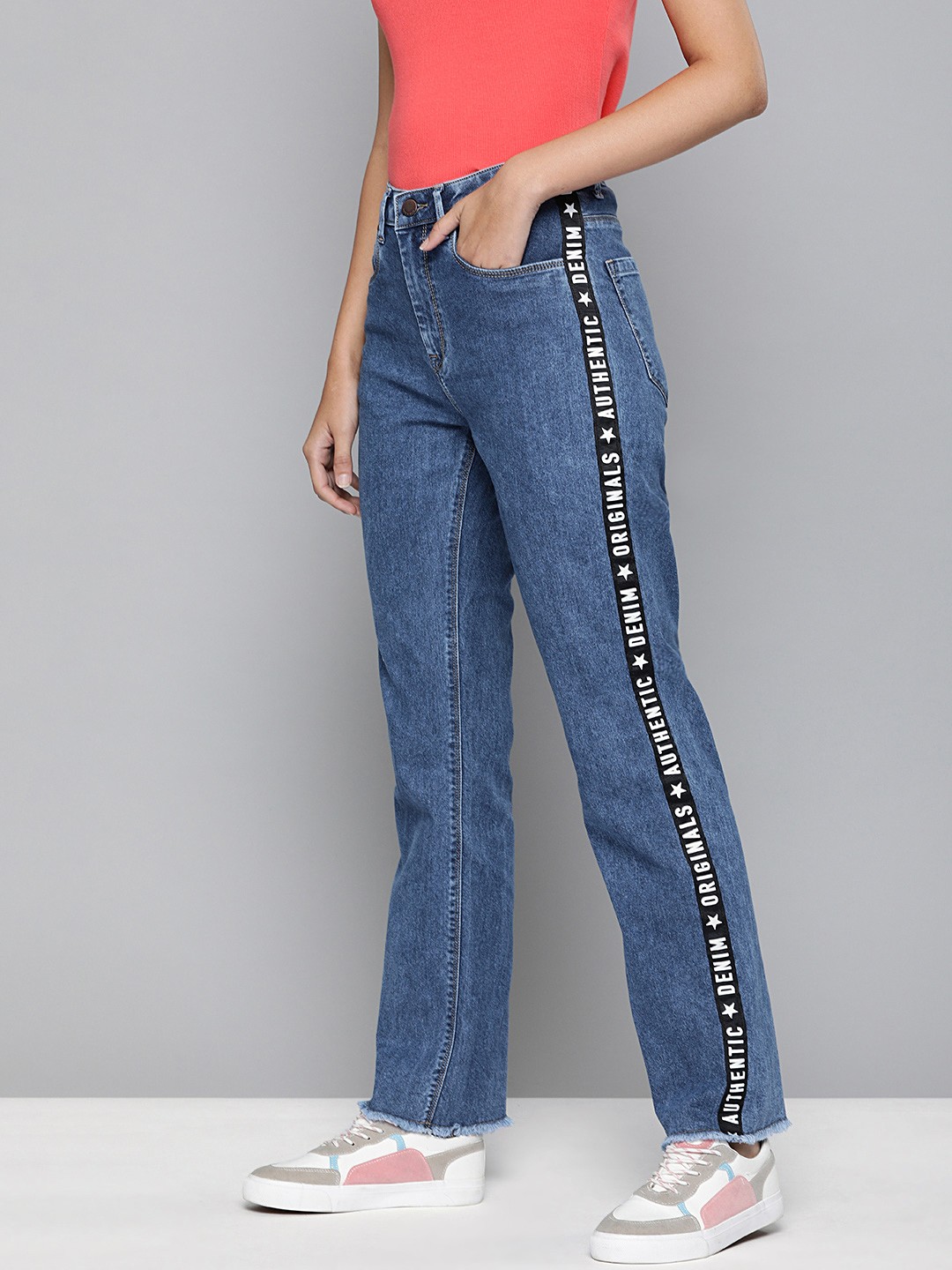 

HERE&NOW Women Blue Straight Fit Mid-Rise Clean Look Side Tape Detail Stretchable Jeans