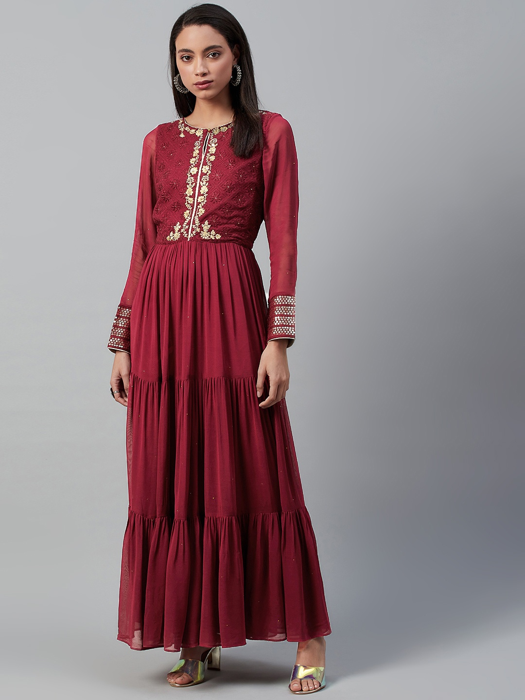 

WISHFUL Women Maroon Embroidered Detail Tiered Maxi Dress