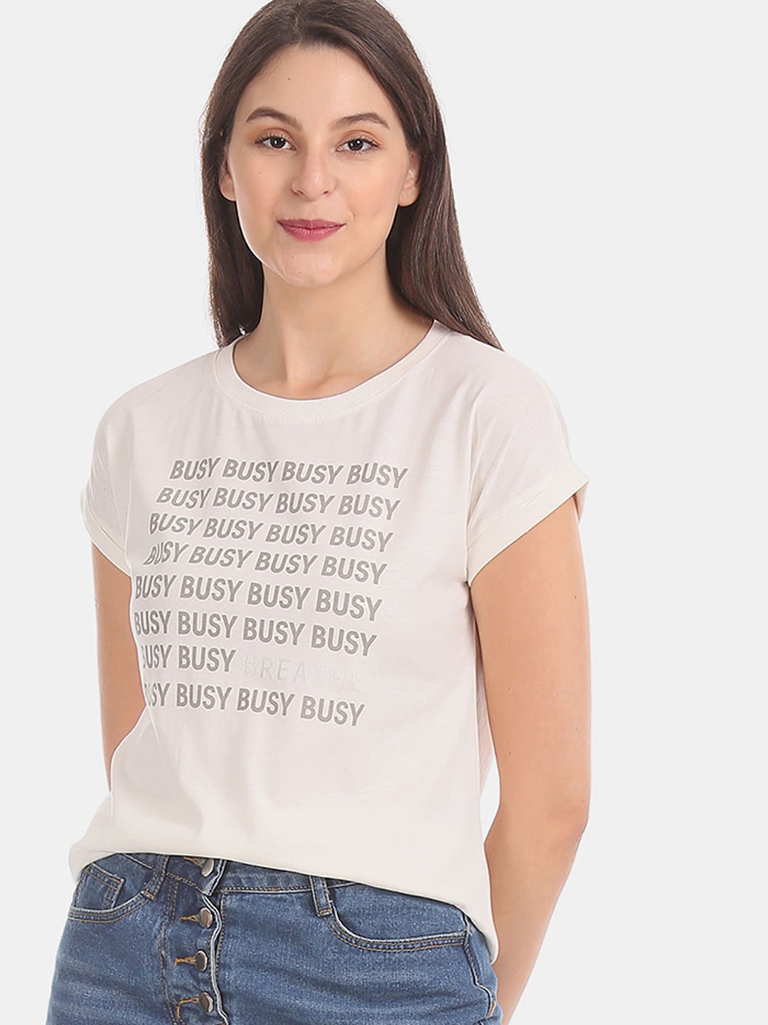 

Sugr Women Off-White Printed Round Neck Pure Cotton T-shirt
