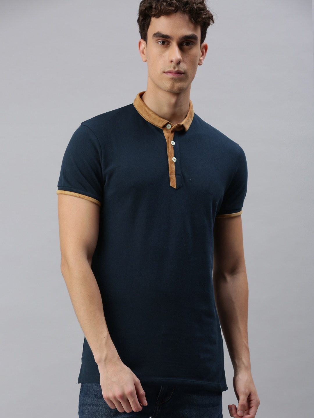 

Jack Jones Men Navy Blue Solid Polo Collar Pure Cotton T-shirt