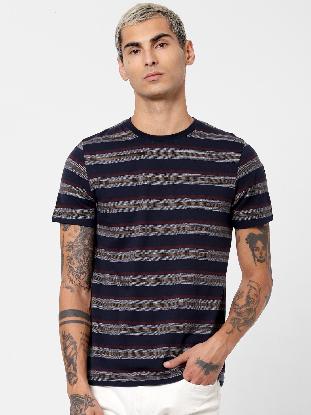 

Jack Jones Men Blue White Striped Regular Fit Round Neck Sustainable Pure Cotton T-shirt