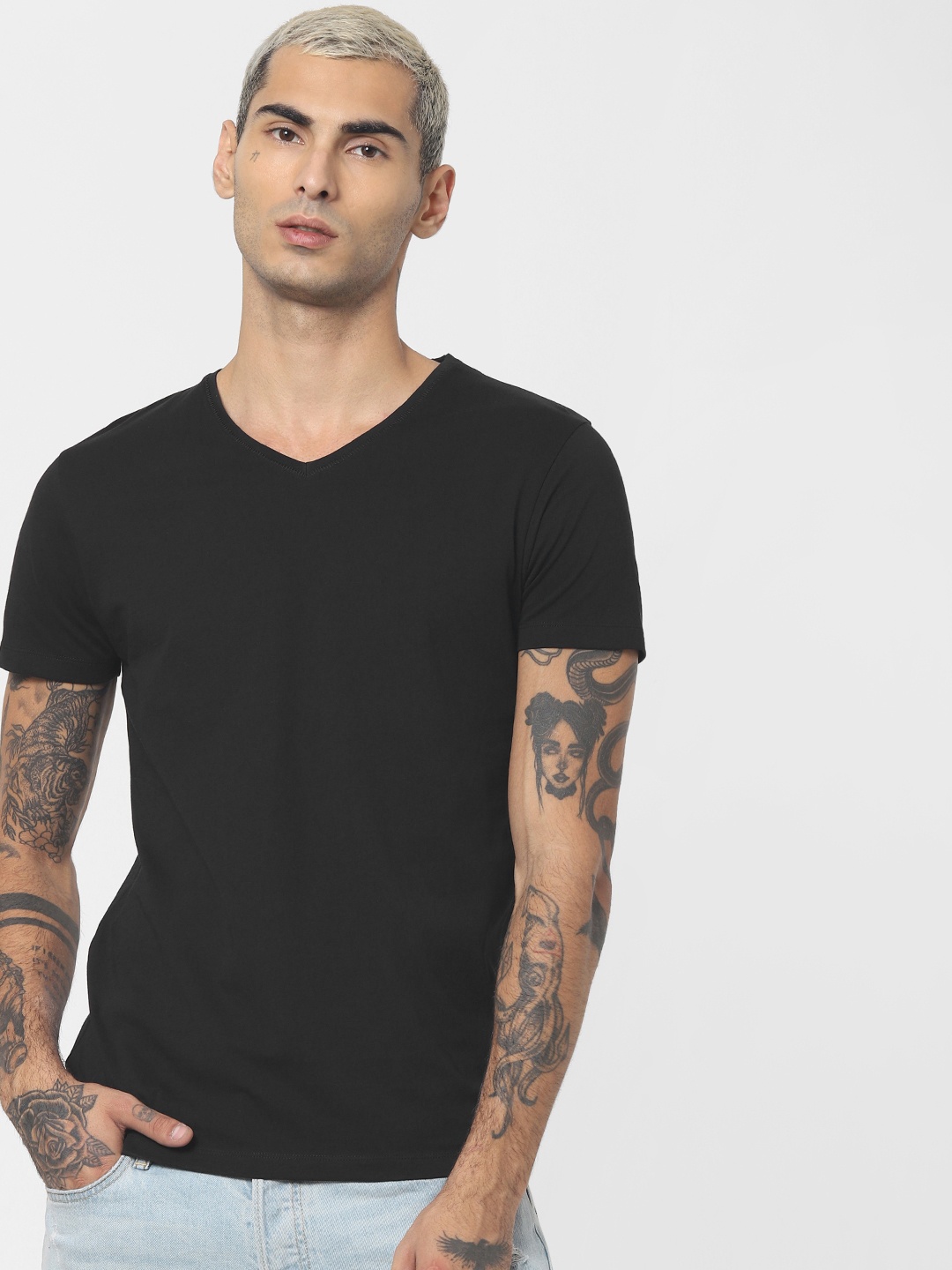

Jack Jones Men Black Solid V-Neck Pure Cotton T-shirt