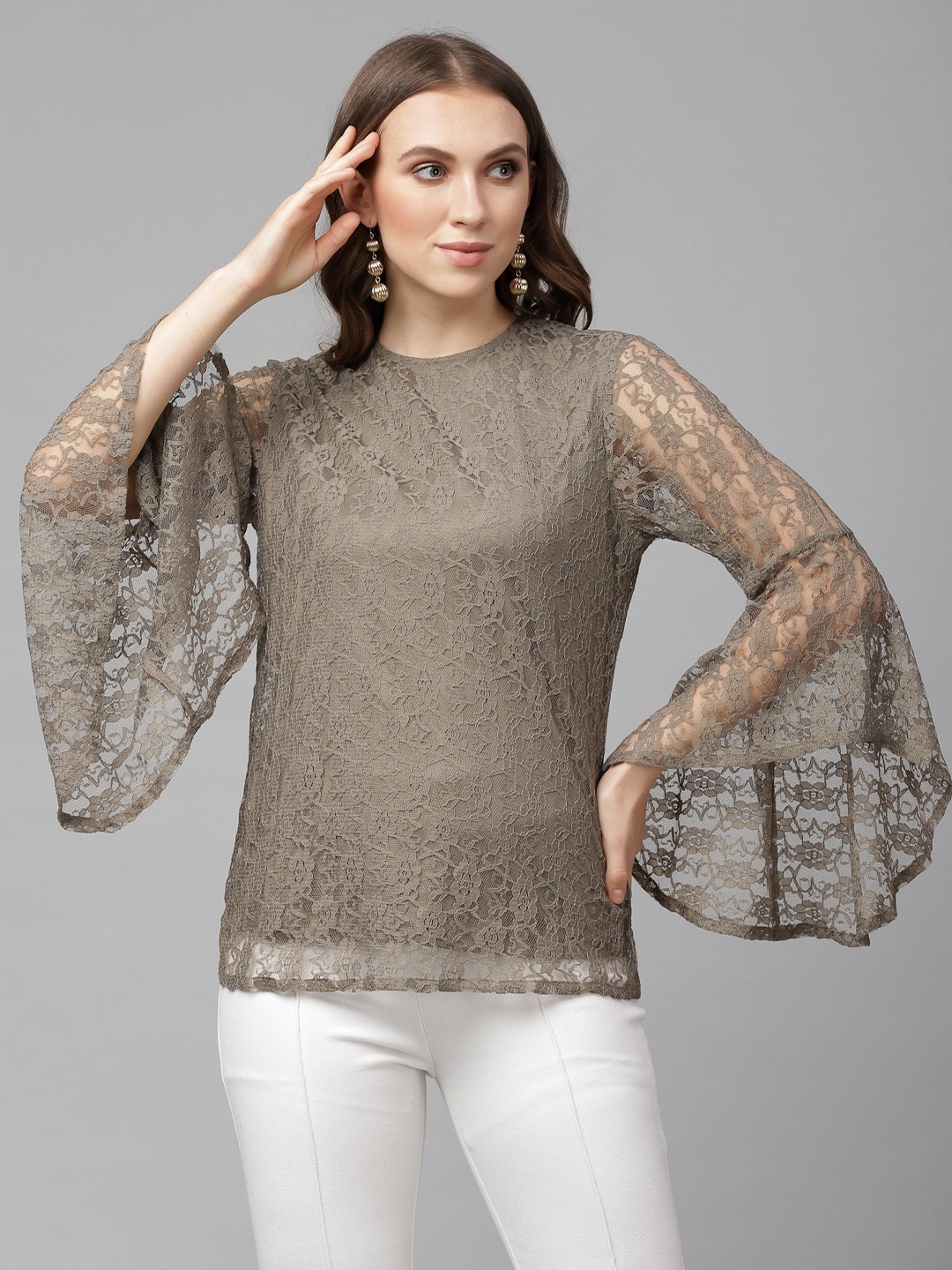 

KASSUALLY Women Olive Green Self Design Top
