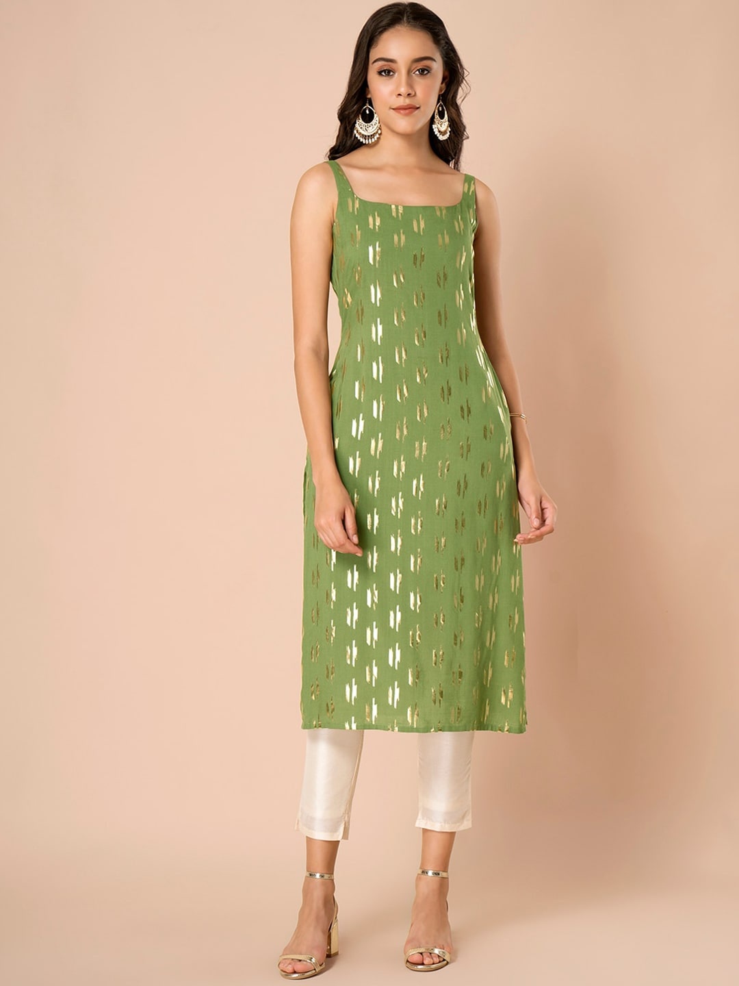 

INDYA Women Green & Gold-Coloured Ikat Foil Print Straight Kurta