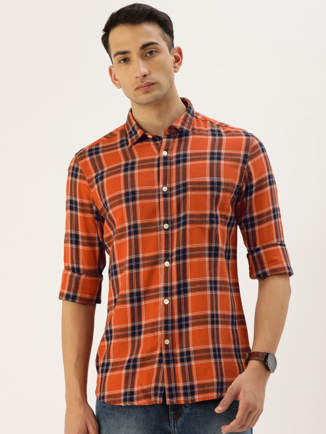

Flying Machine Men Rust Orange & Navy Blue Slim Fit Checked Casual Shirt