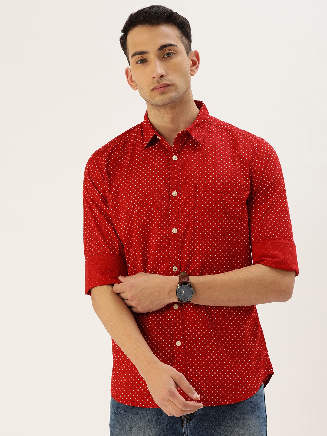 

Flying Machine Men Red & White Slim Fit Printed Casual Shirt