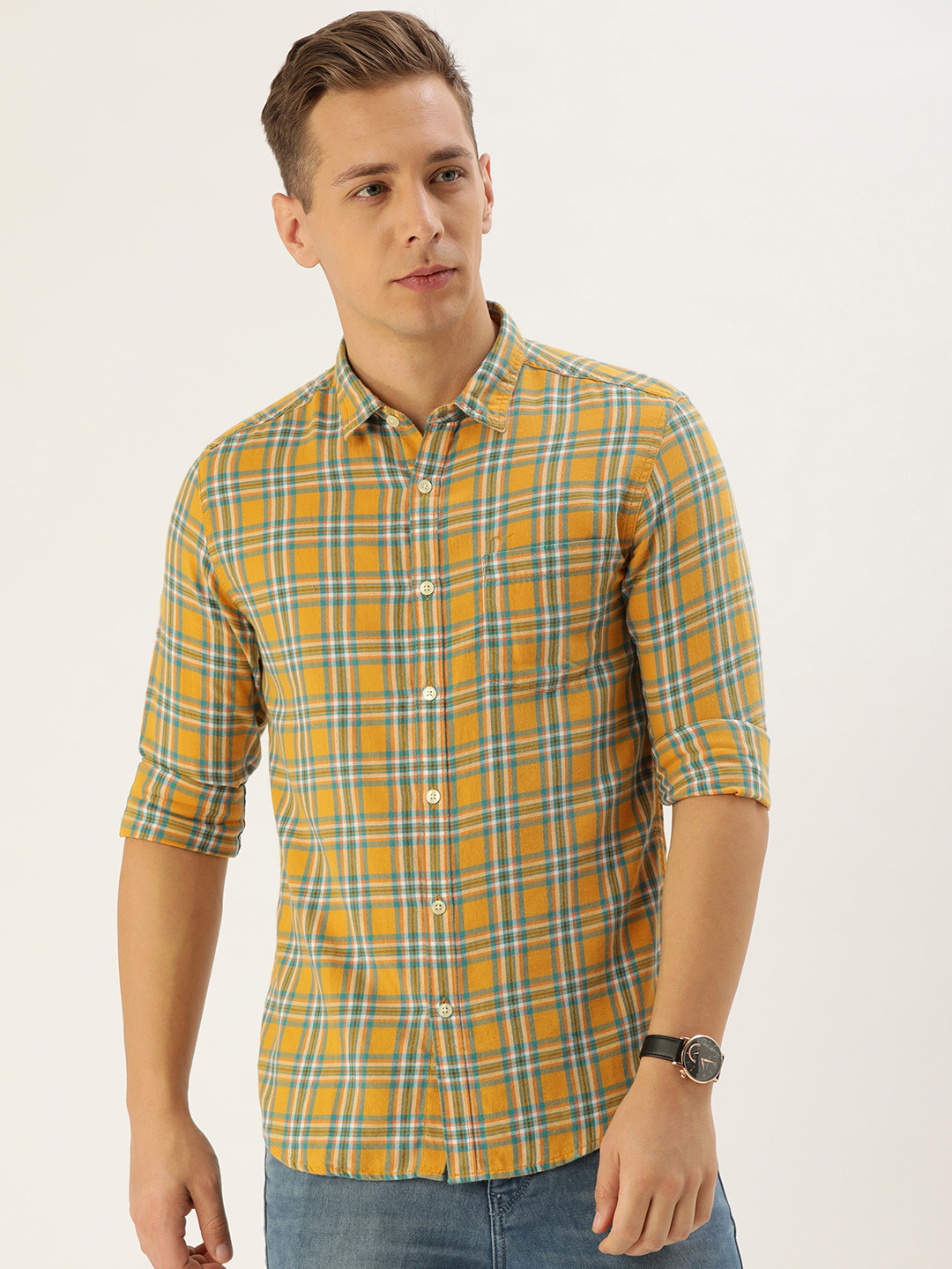 

Flying Machine Men Mustard Yellow & Blue Slim Fit Checked Casual Shirt