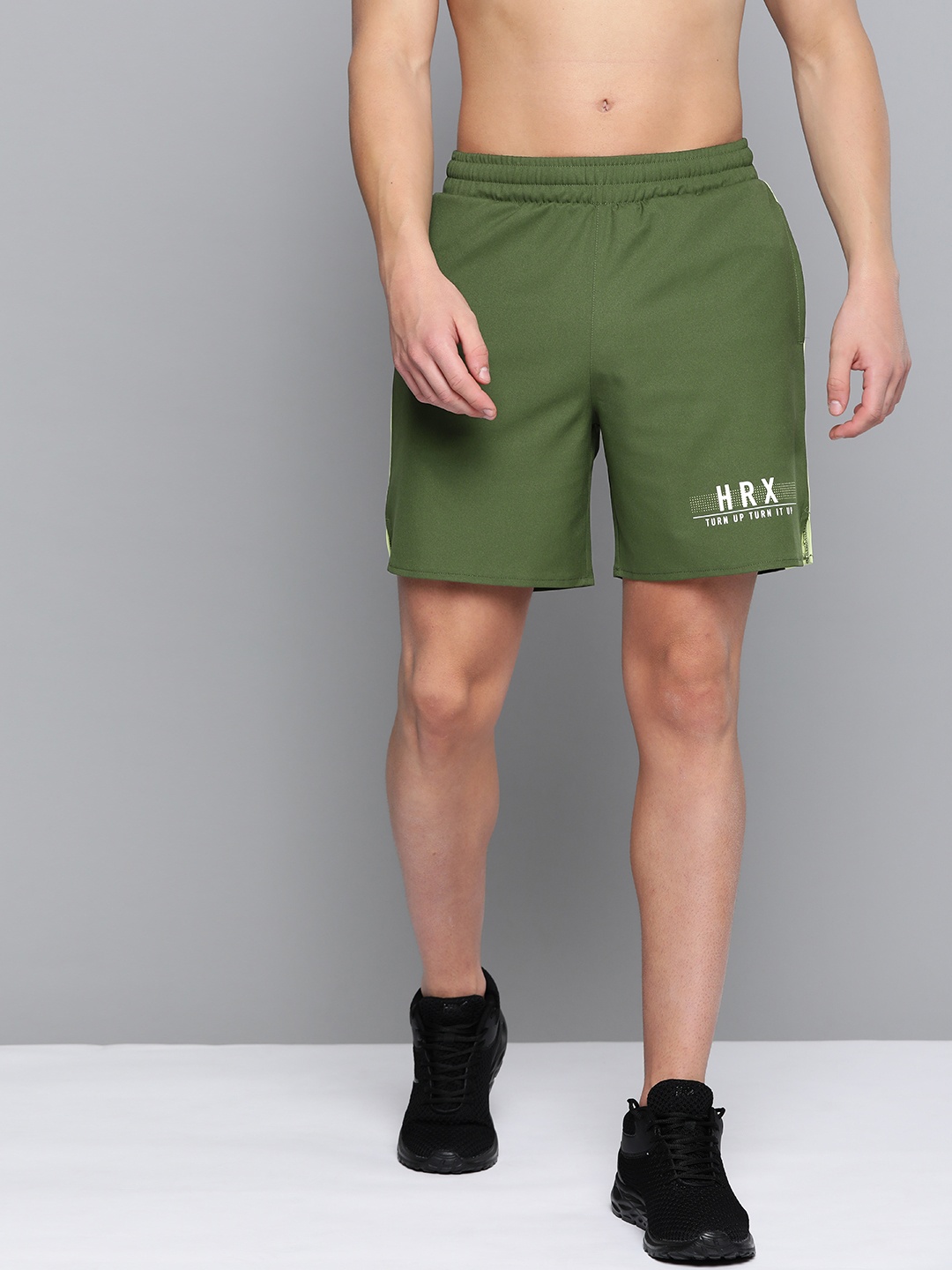 

HRX By Hrithik Roshan Men Black Forest & Lime Sherbet Colourblock Regular Fit Rapid-Dry Antimicrobial Running Shorts, Olive