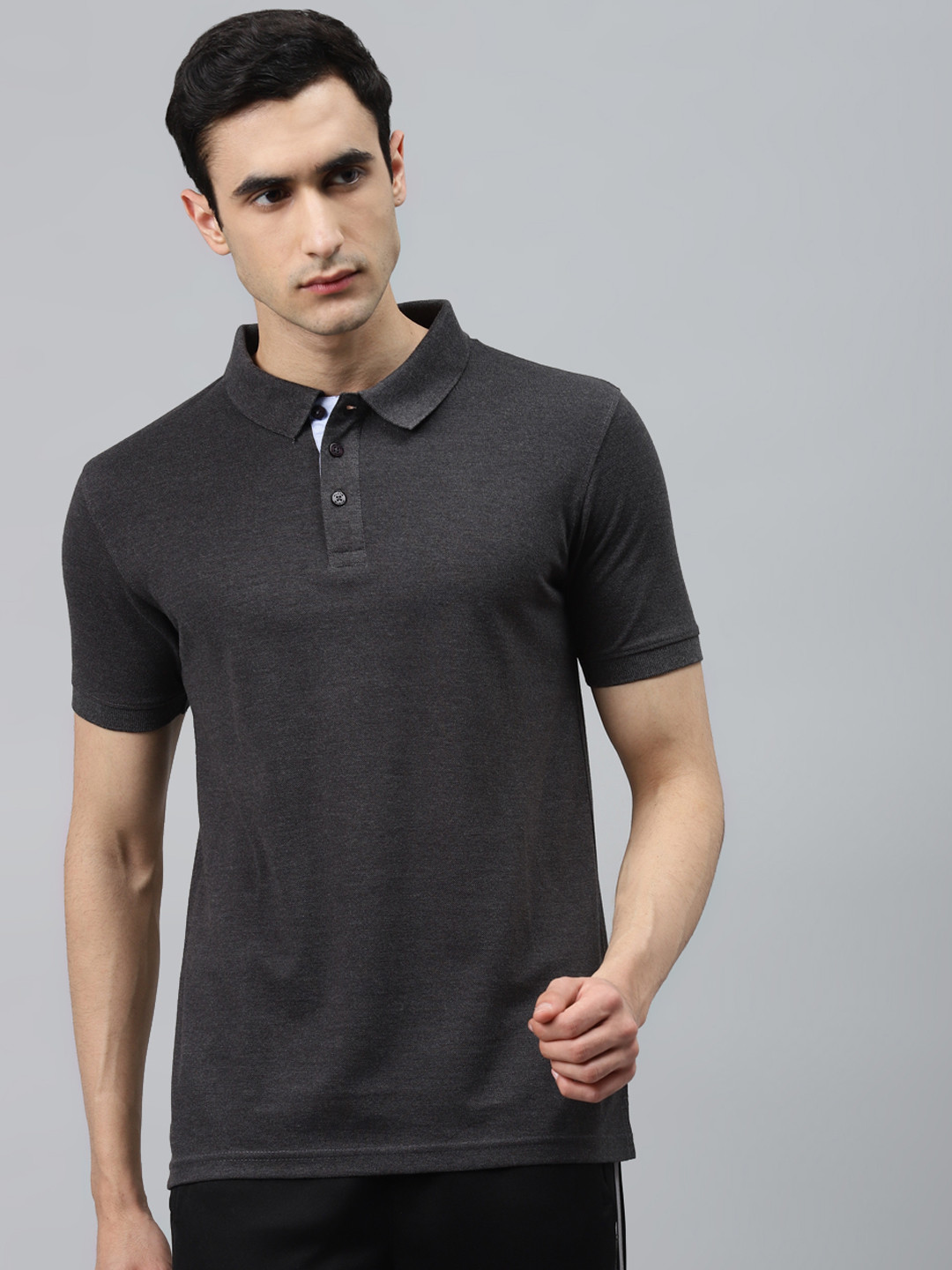 

Alcis Men Charcoal Grey Slim Fit Solid Polo Collar T-shirt