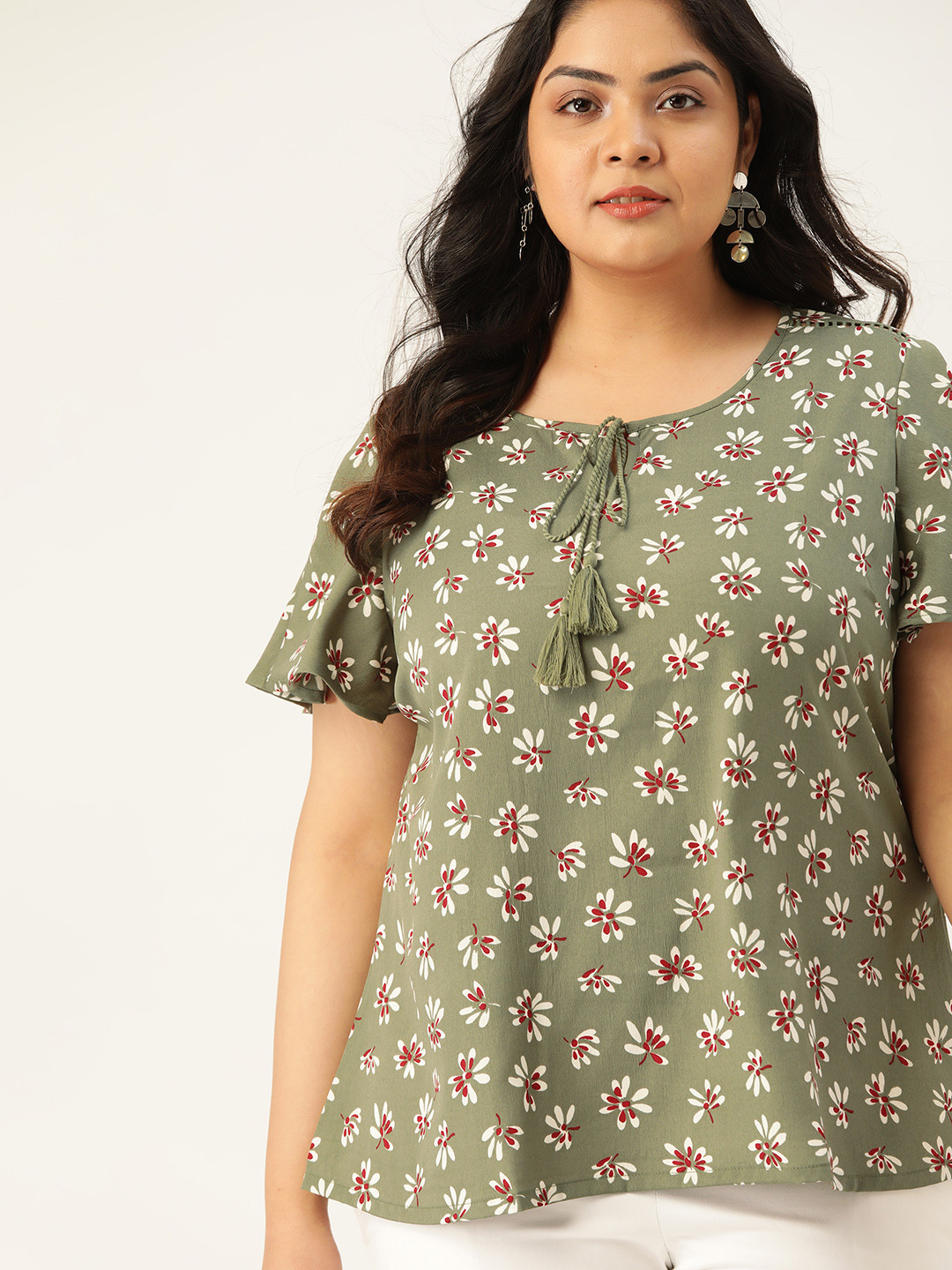 

Sztori Plus Size Olive Green & Cream-Coloured Floral Print Top
