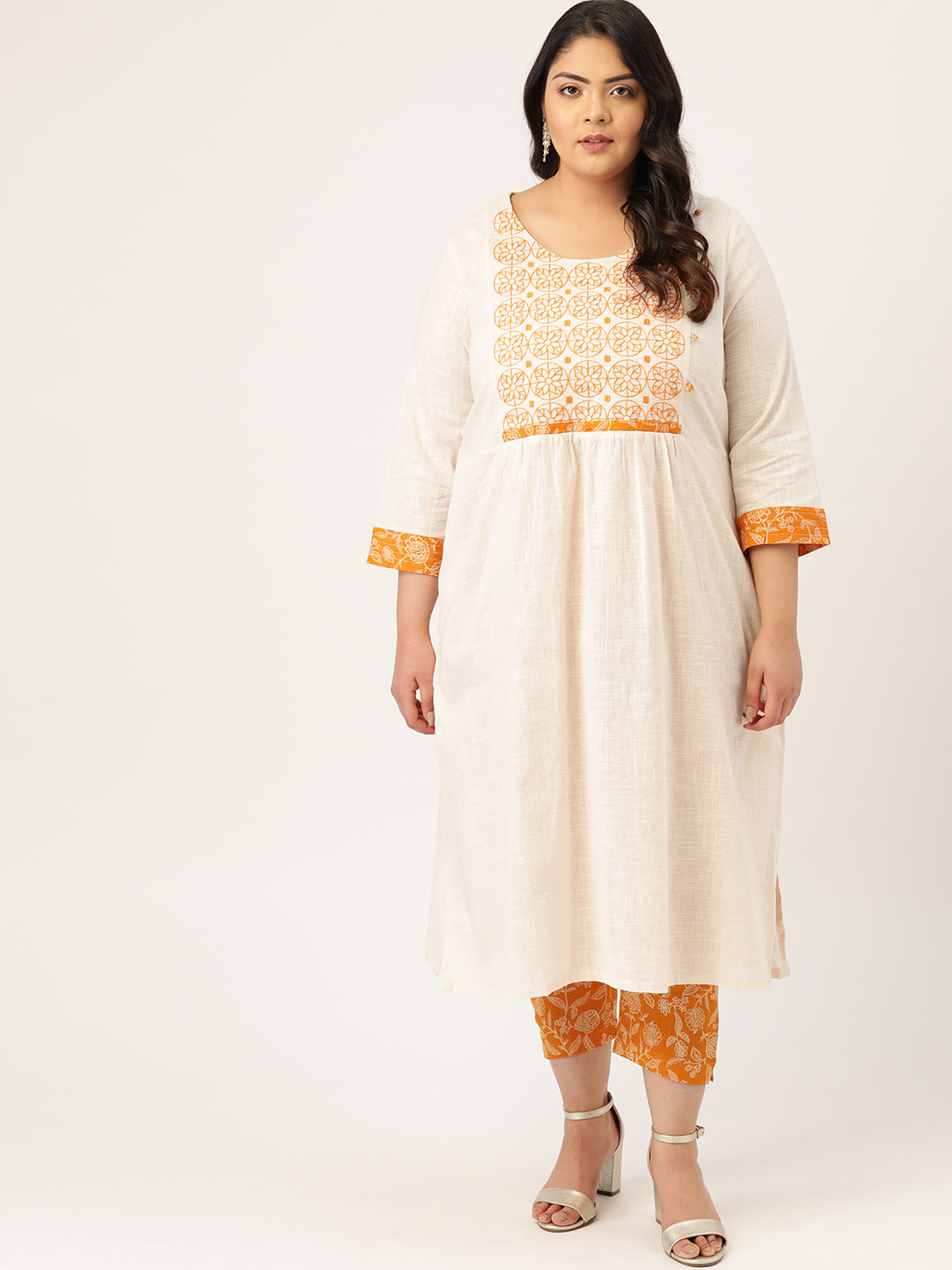 

Sztori Women Plus Size Off-White & Mustard Yellow Yoke Design Kurta with Trousers