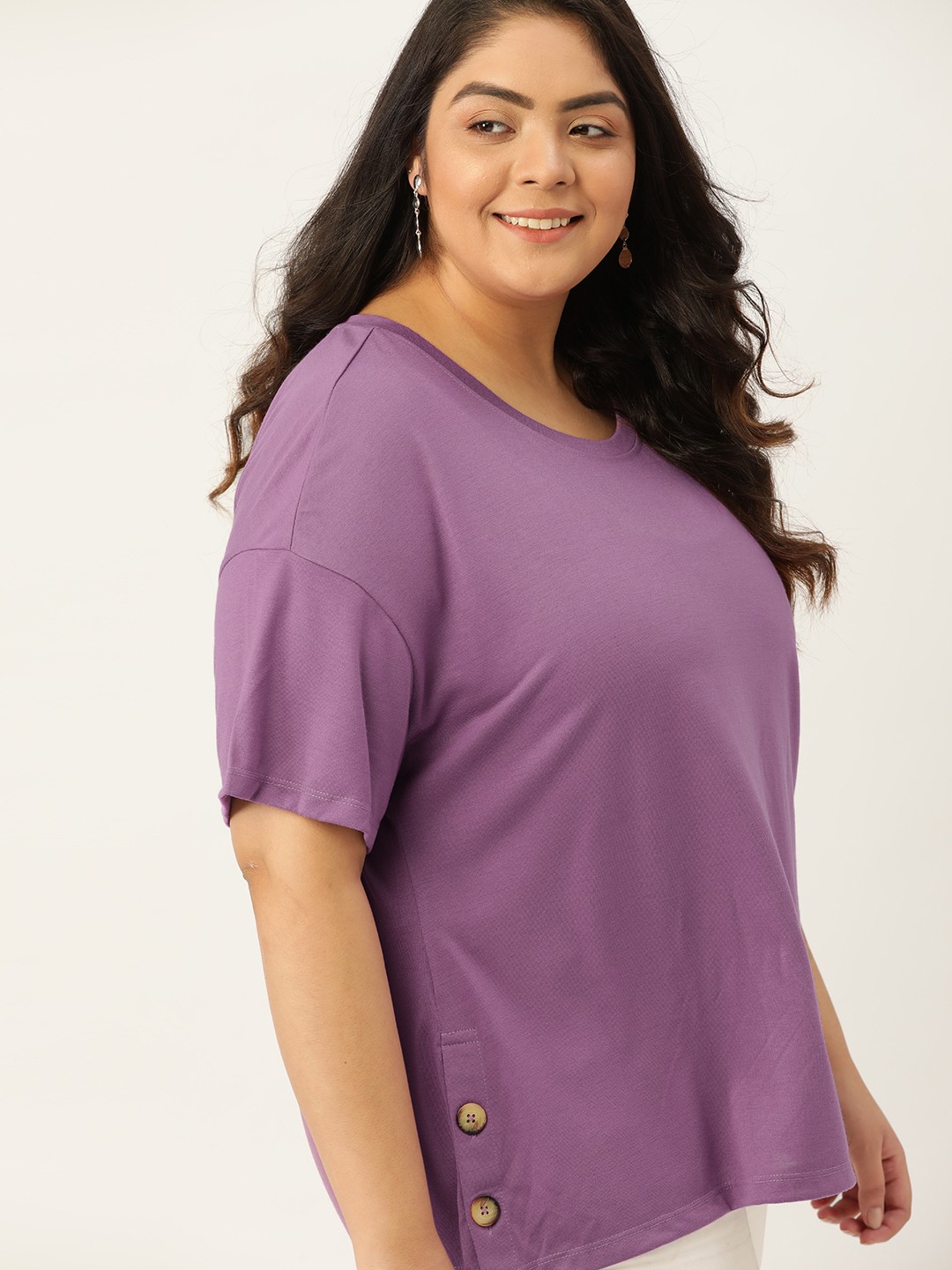 

Sztori Women Plus Size Purple Drop-Shoulder Sleeves T-shirt
