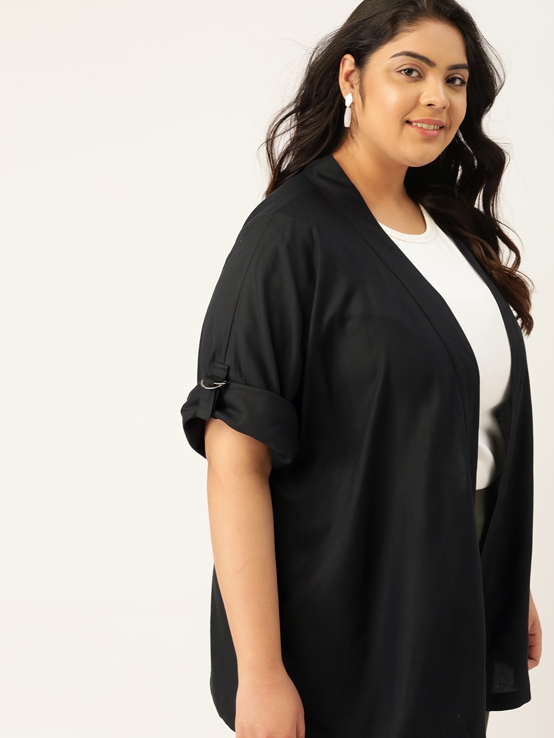 

Sztori Women Plus Size EcoVero Black Solid Open Front Shrug