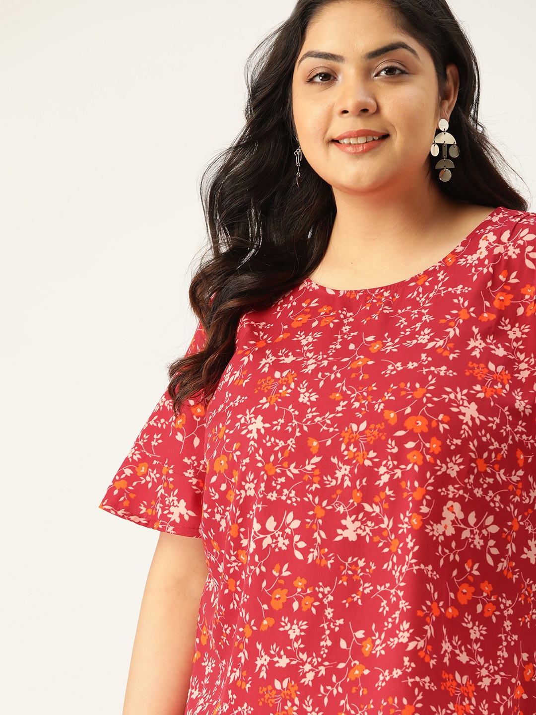 

Sztori Plus Size Women Red & Orange Floral Print Top