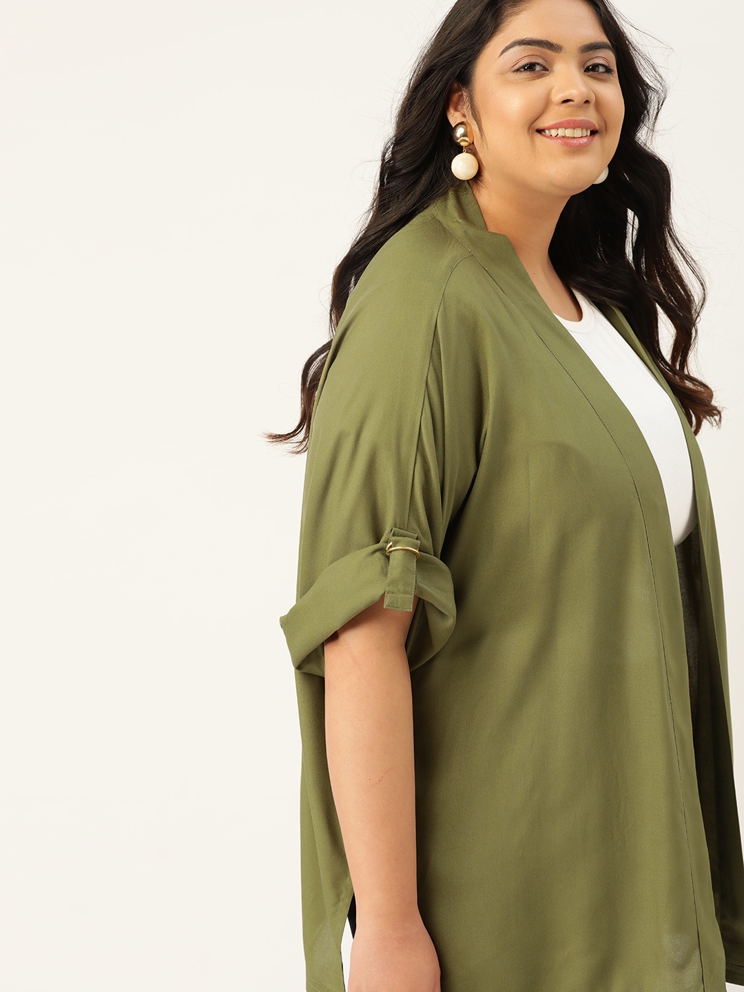 

Sztori Women Plus Size EcoVero Olive Green Solid Open Front Shrug