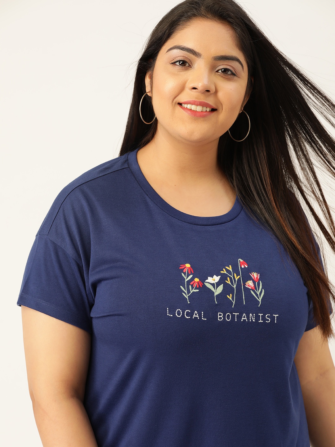 

Sztori Women Plus Size Navy Blue Printed Round Neck T-shirt