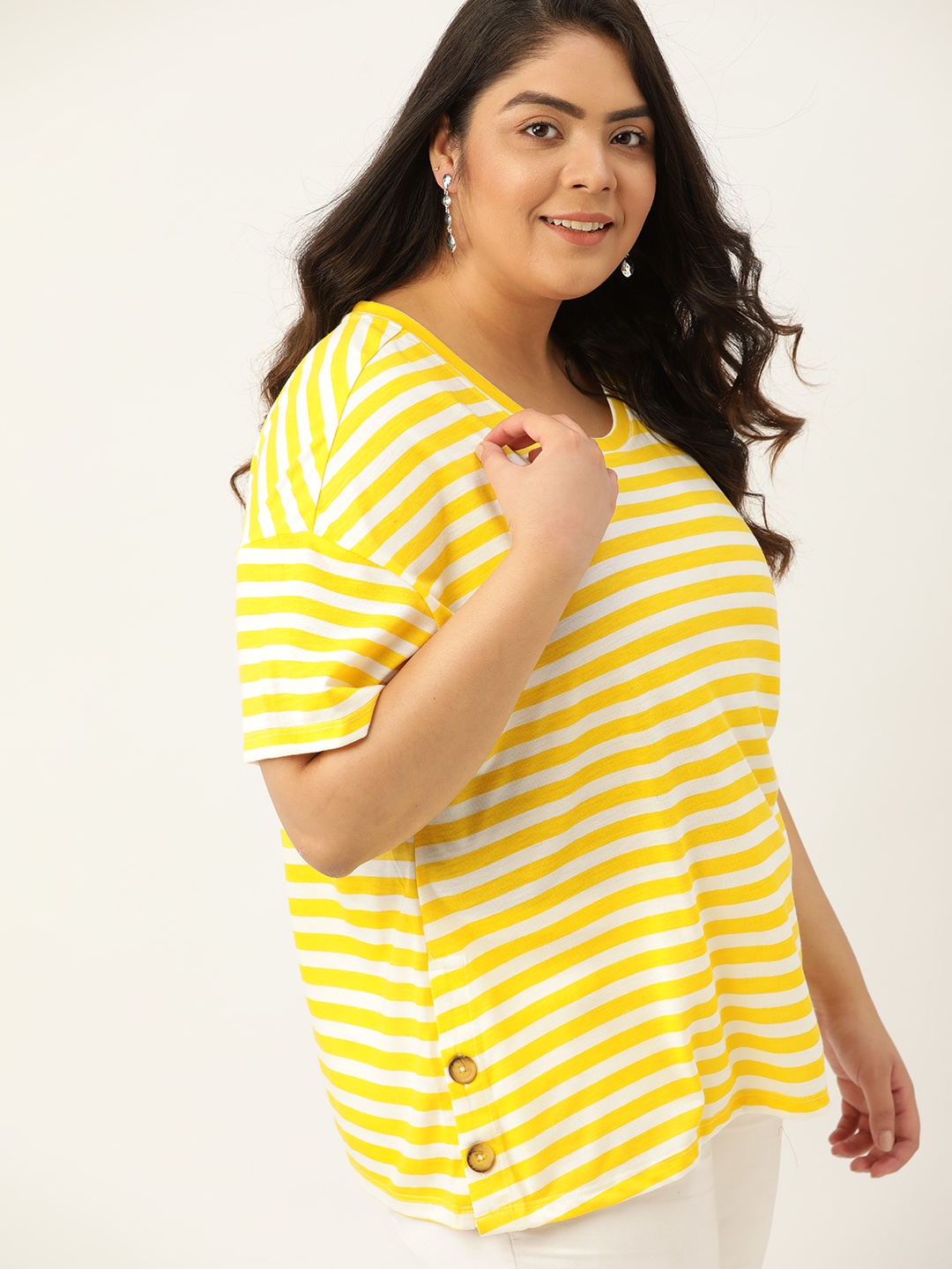 

Sztori Women Plus Size Yellow & White Striped Drop-Shoulder Sleeves T-shirt