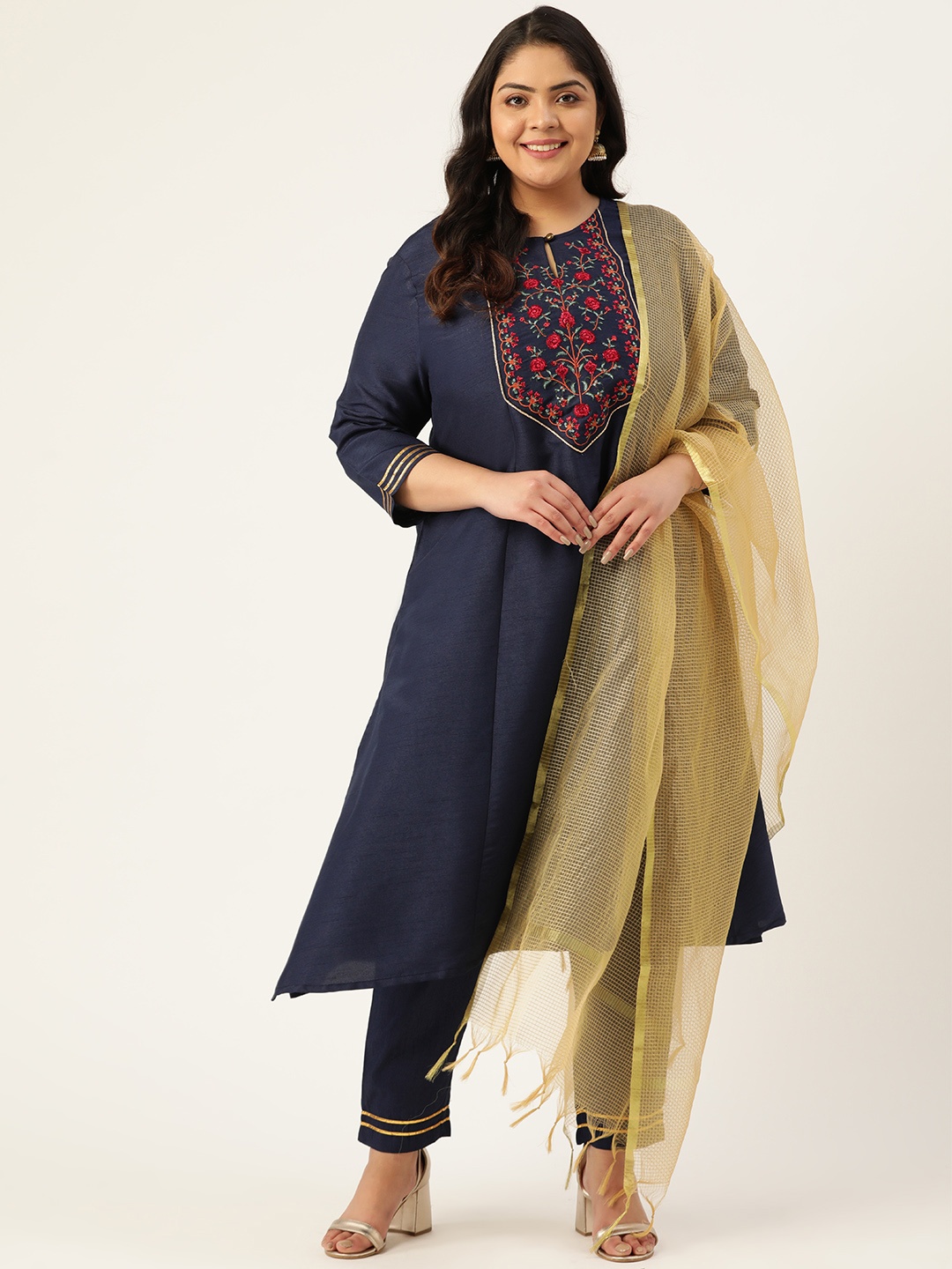 

Sztori Women Plus Size Navy Blue Yoke Design Kurta with Trousers & Dupatta