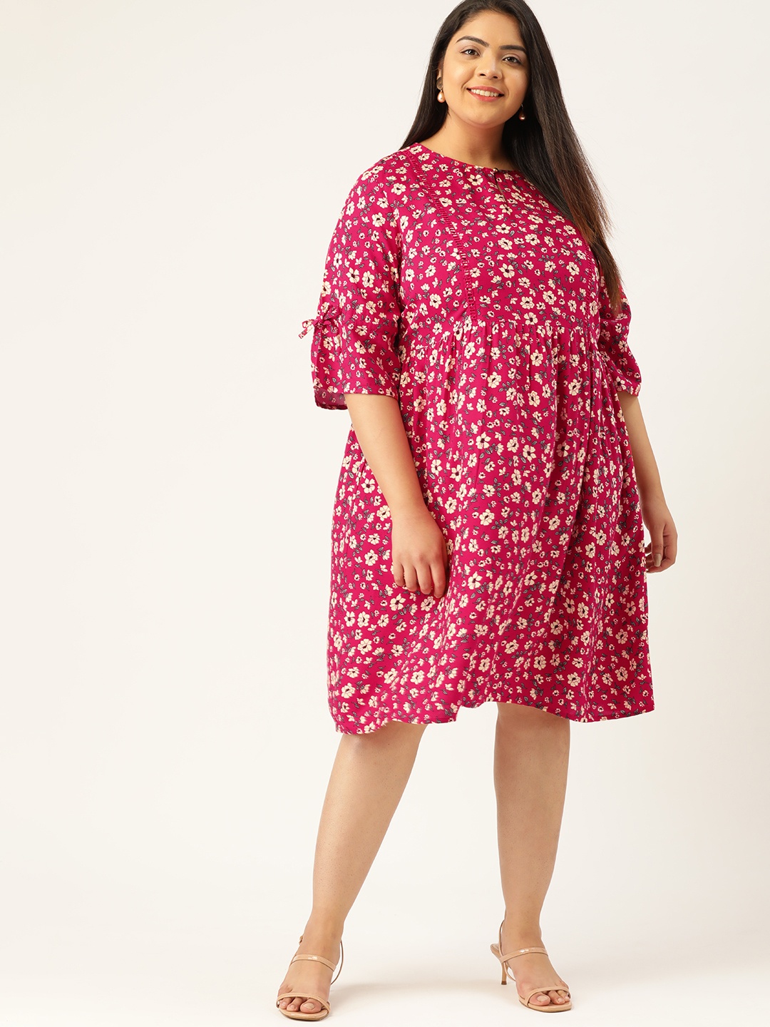 

Sztori Women Plus Size Magenta & Off-White Floral Print Ecovero A-Line Midi Dress