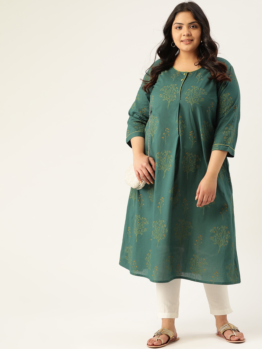 

Sztori Women Plus Size Green Pure Cotton Floral Print Straight Kurta