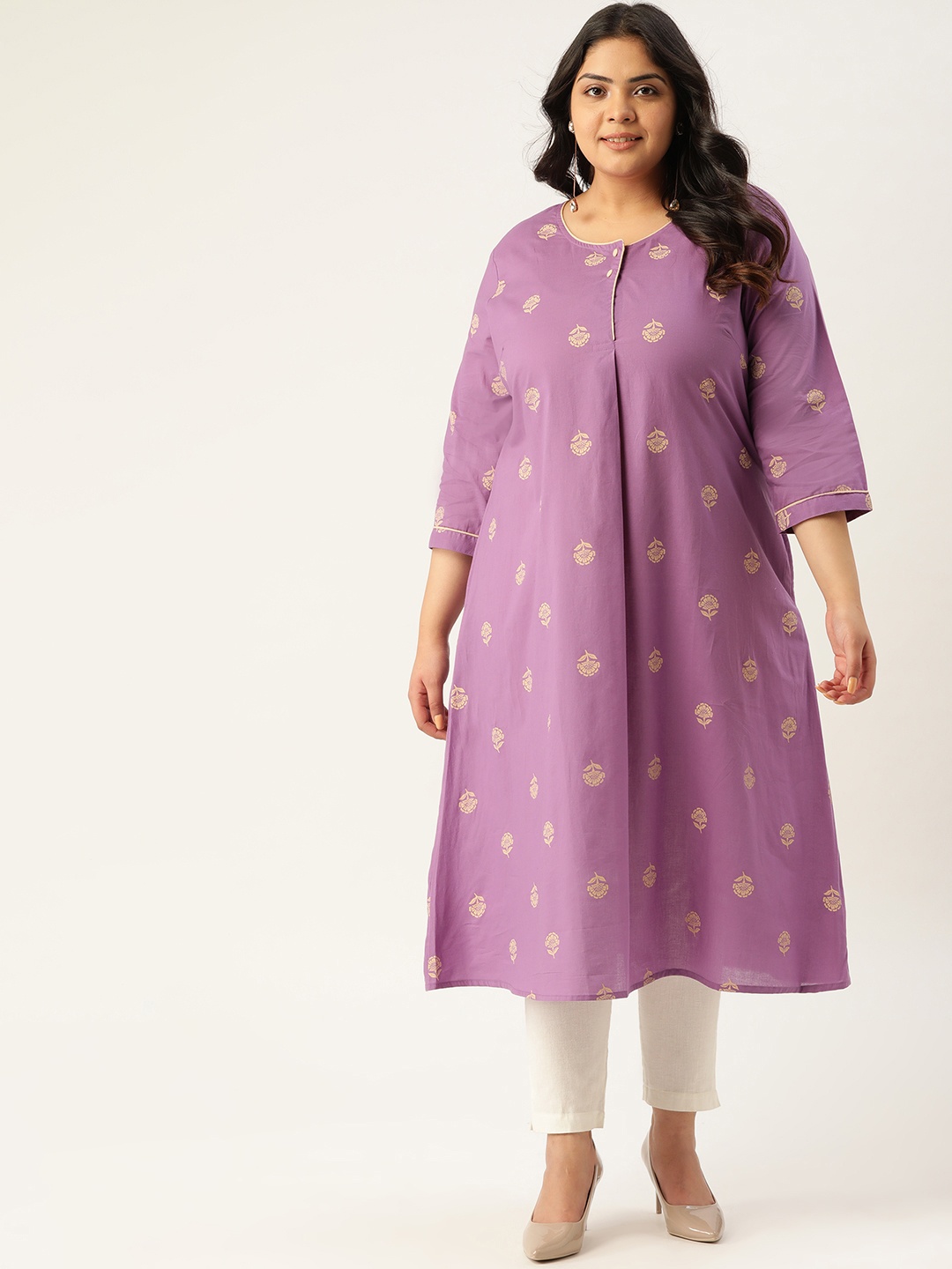 Sztori Women Plus Size Purple & Beige Pure Cotton Floral Print Straight Kurta