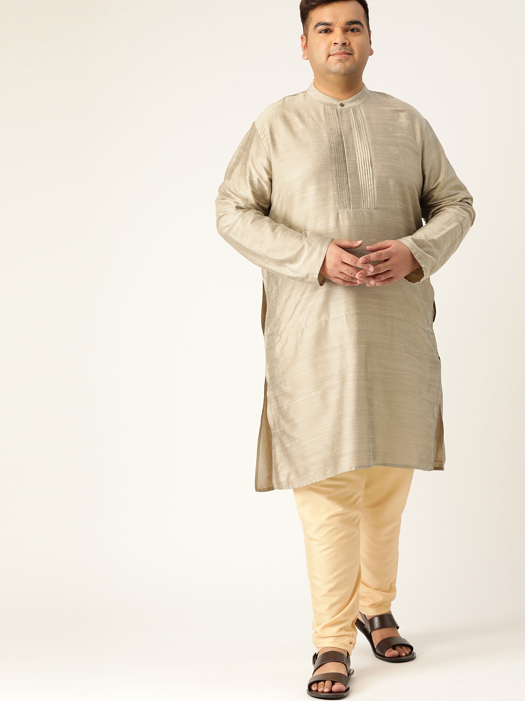 

Sztori Men Plus Size Beige Pintucks Detail Straight Kurta