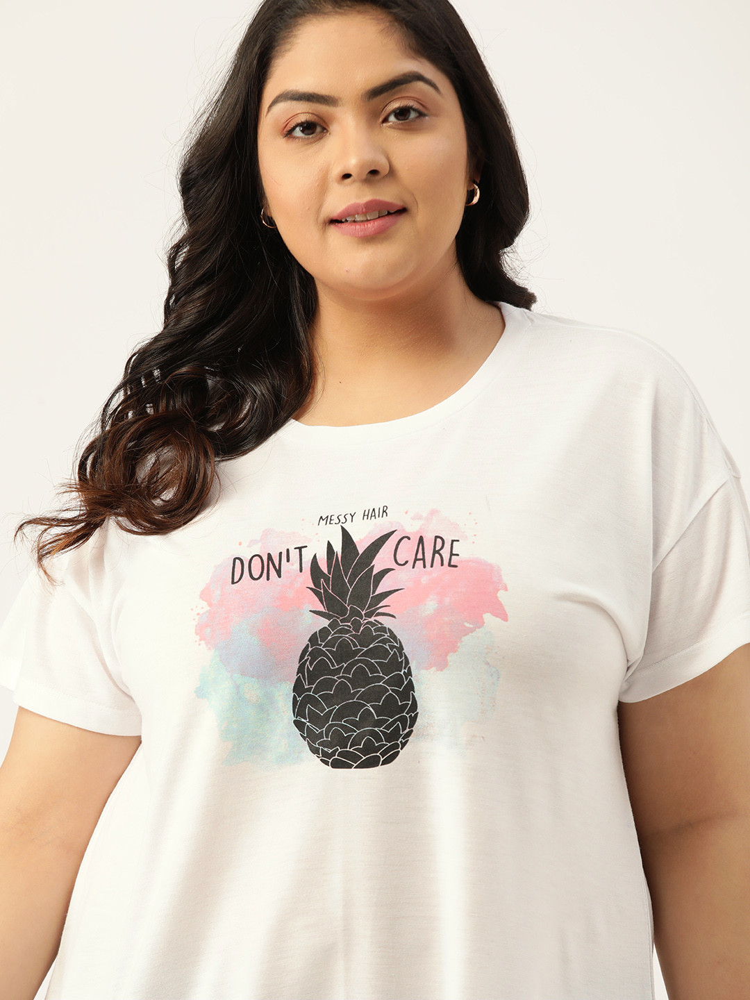 

Sztori Women Plus Size White Graphic Printed Round Neck T-shirt