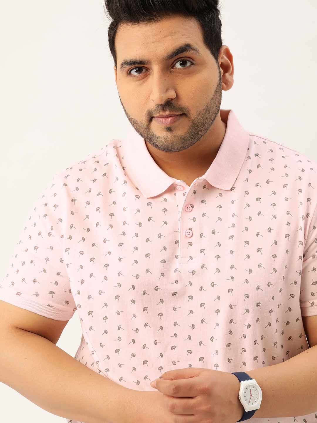 

Sztori Men Plus Size Pink & Taupe Printed Cotton Polo Collar T-shirt